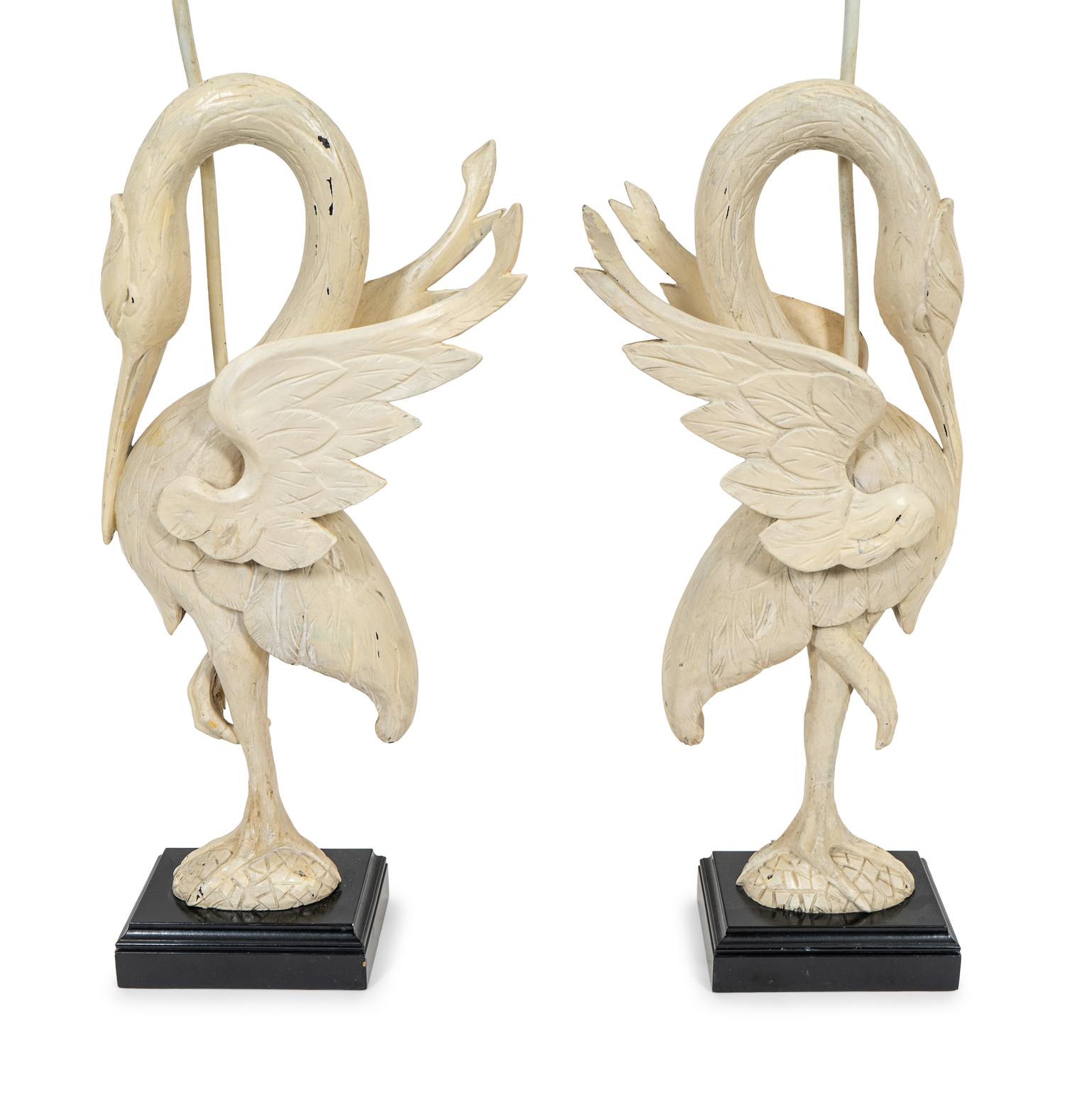 A Pair of White-Painted Carved Crane Lamps