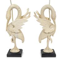A Pair of White-Painted Carved Crane Lamps