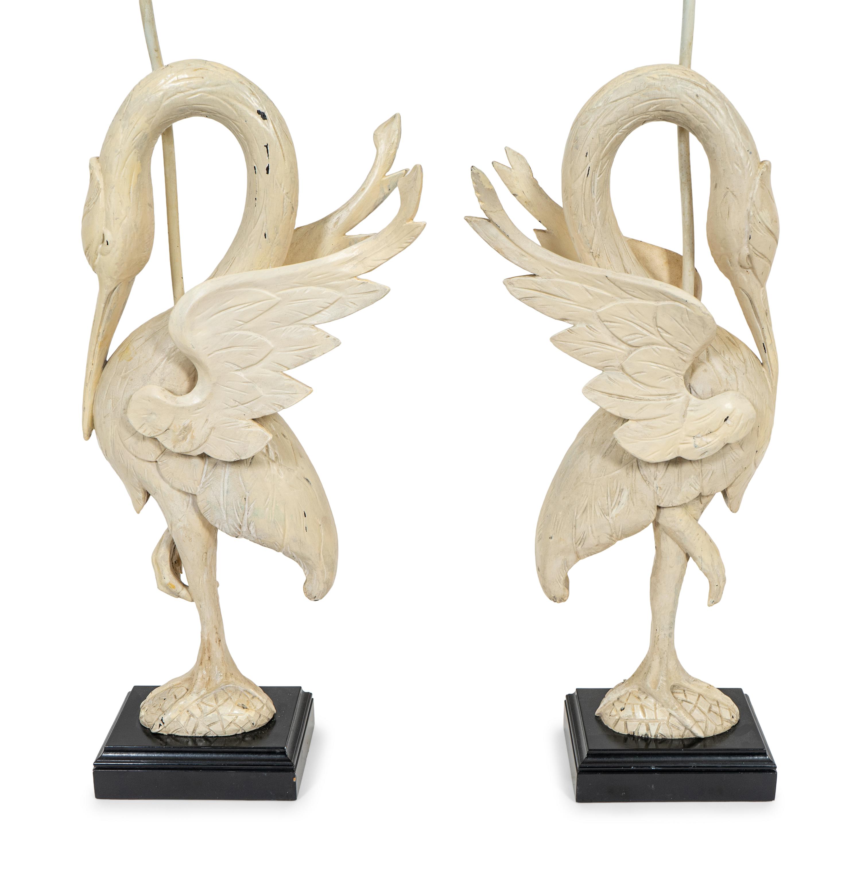 A Pair of White-Painted Carved Crane Lamps
