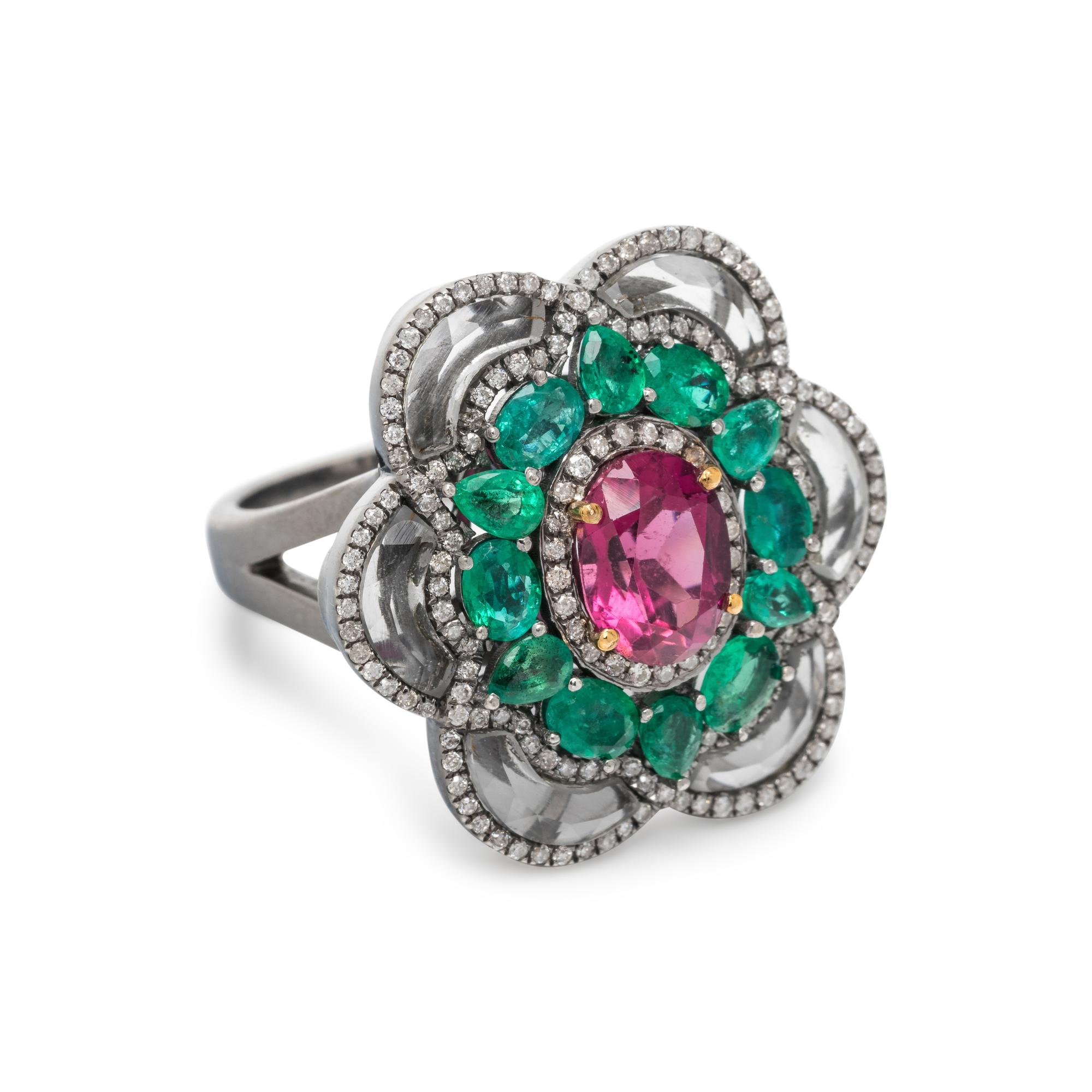 PINK TOURMALINE, EMERALD AND DIAMOND RING