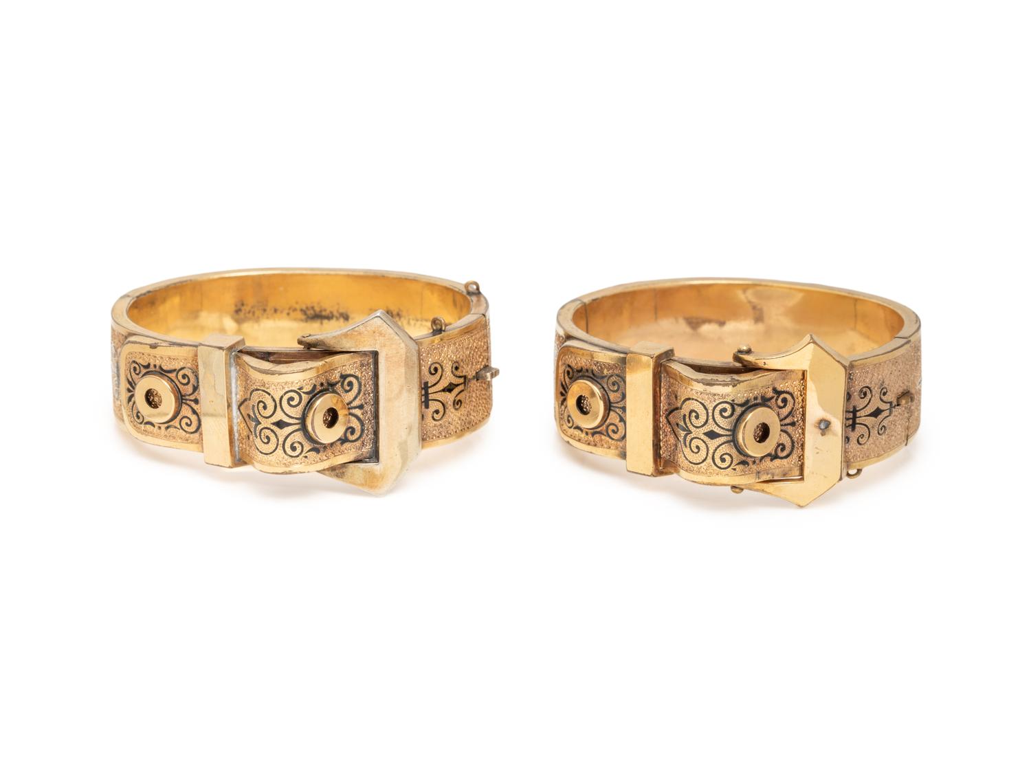 VICTORIAN, PAIR OF LOW KARAT YELLOW GOLD AND ENAMEL BRACELETS