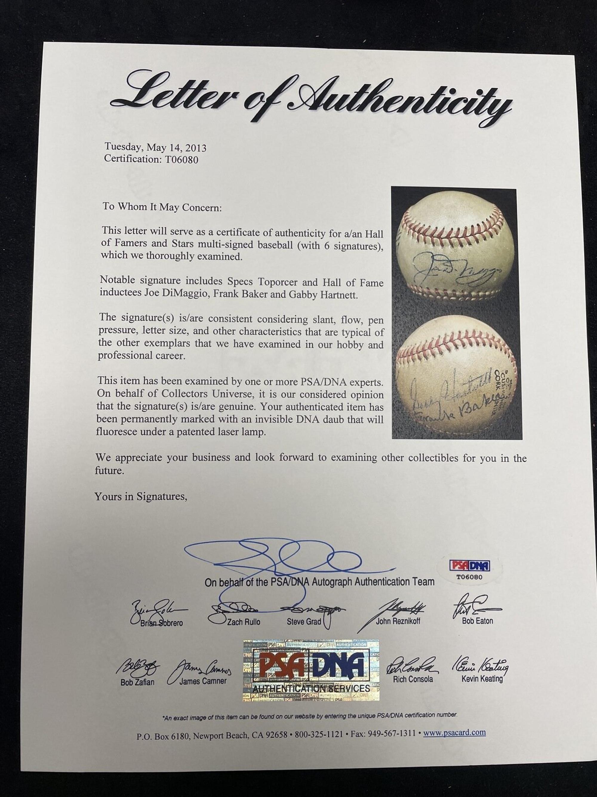 A Multi Signed Autograph Baseball Featuring Joe DiMaggio and Hall of Famers (PSA Letter of Authenticity),