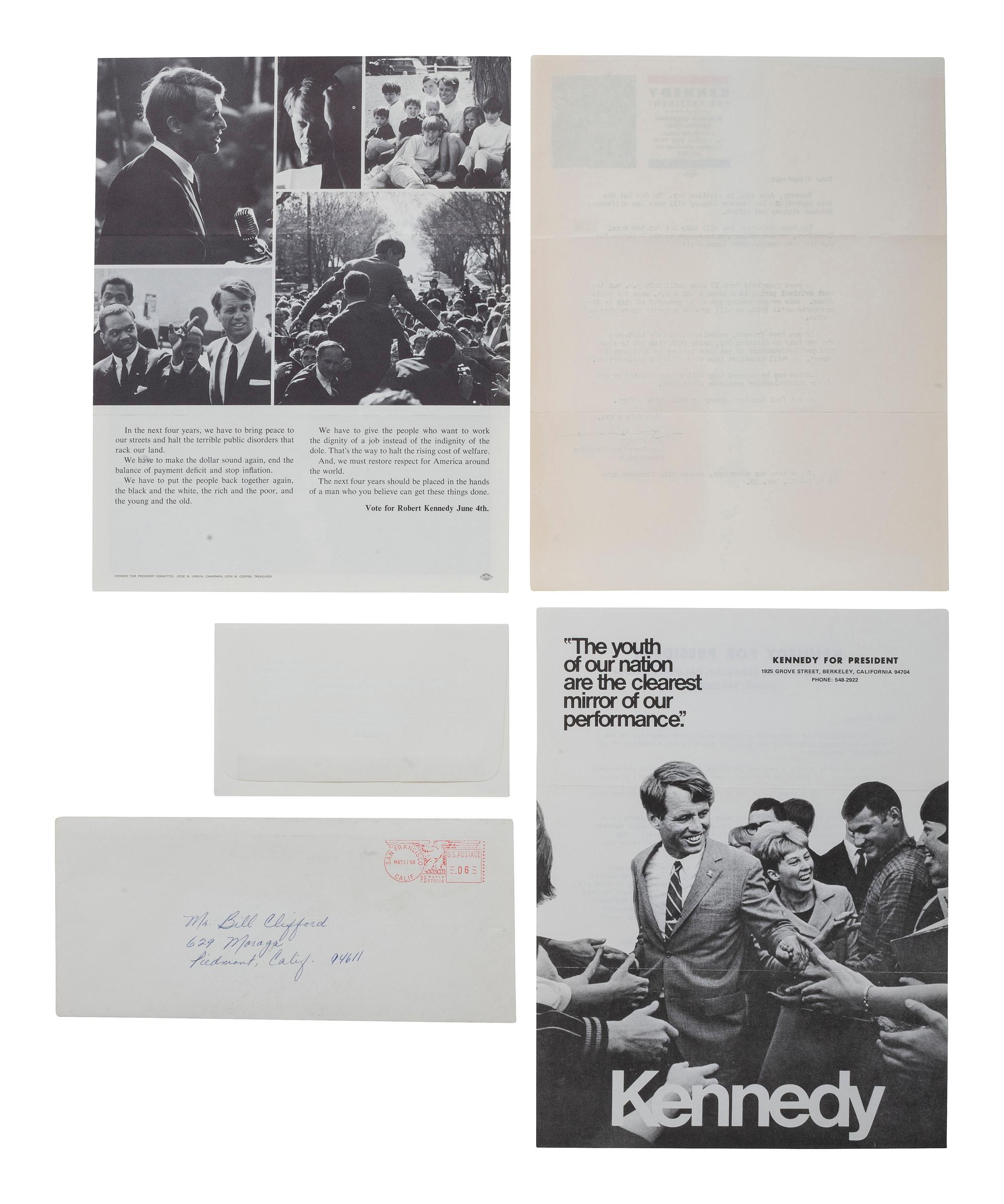 [KENNEDY, Robert F. (1925-1968)]. Promotional packet for Robert F. Kennedy's presidential campaign, incl. letter with reference to Martin Luther King, Jr., issued one week before Kennedy's assassination. Postmarked 31 May 1968.