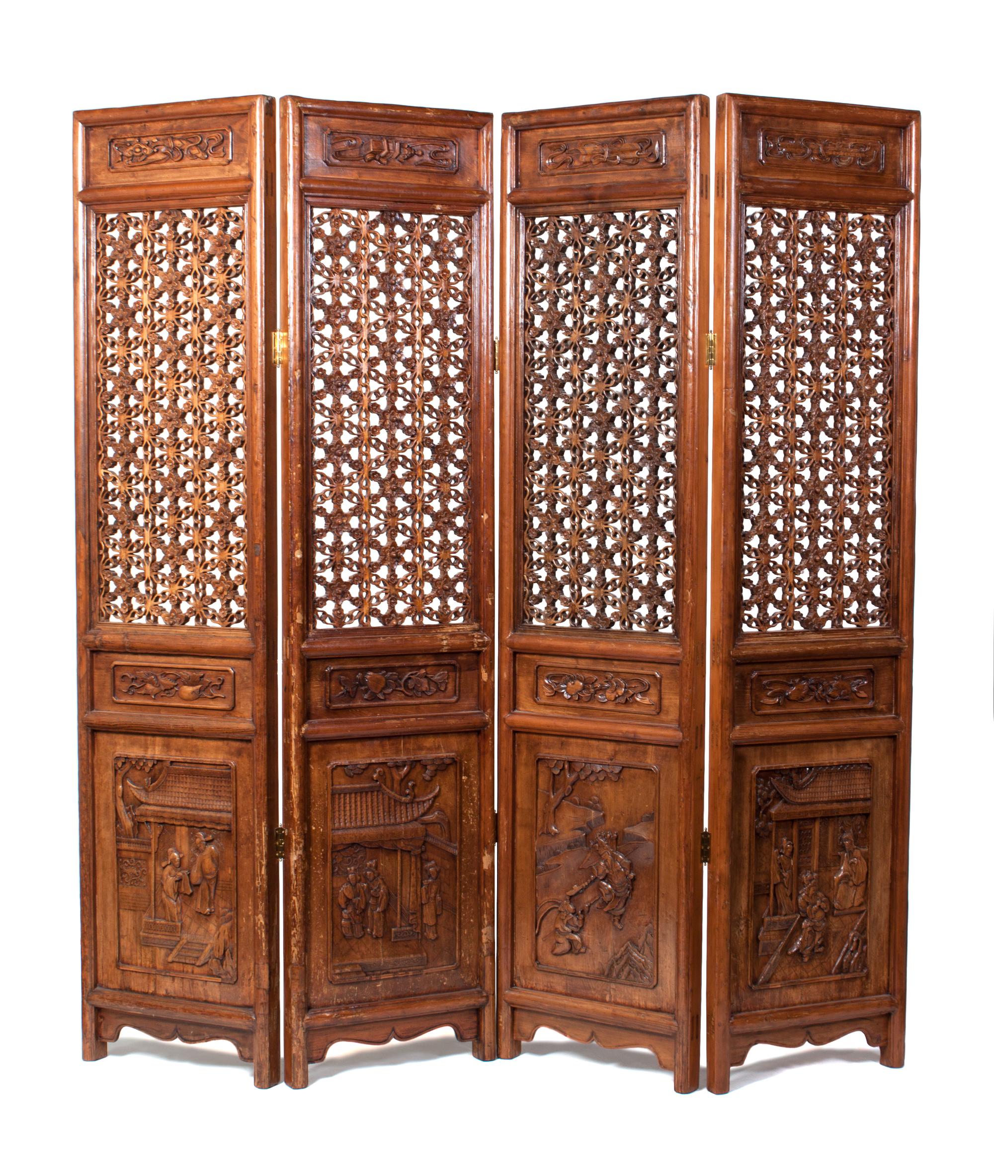 A Chinese Four-Panel Floor Screen Height 96 3/4 inches.