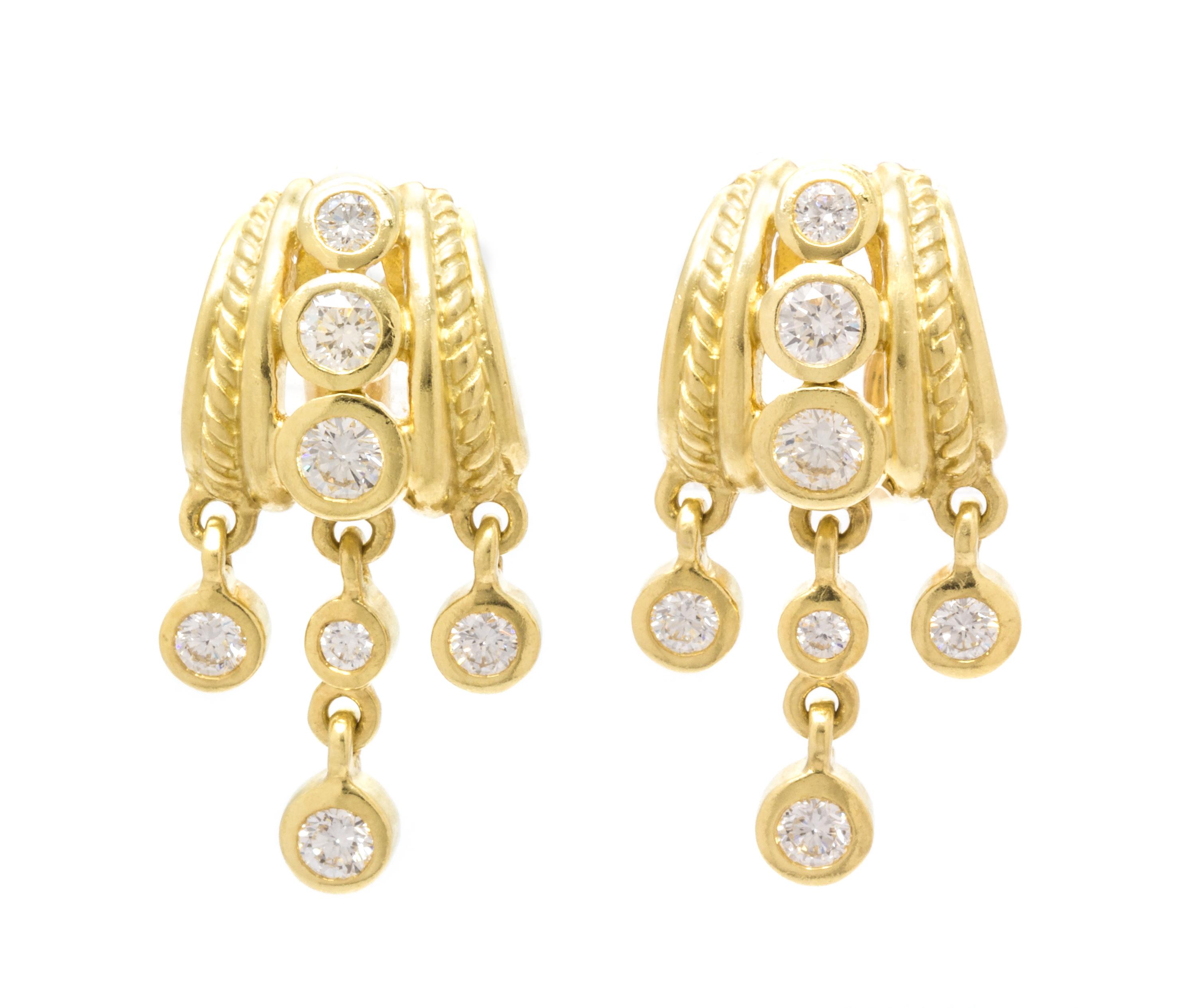 A Pair of 18 Karat Yellow Gold and Diamond Dangle Earclips, Judith Ripka, 7.90 dwts.