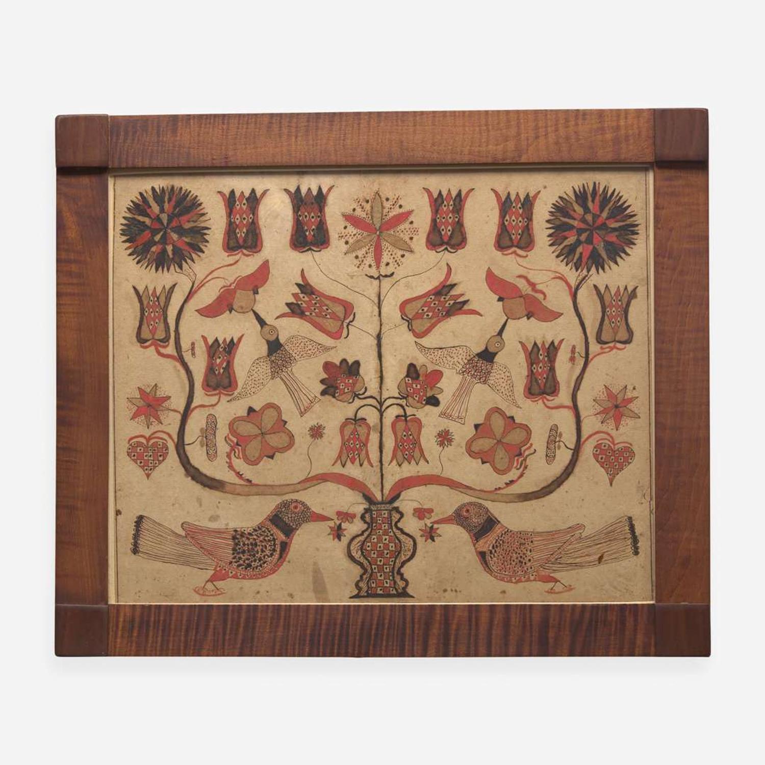A Fraktur Drawing: A Flowering Vine with Birds Early 19th-century