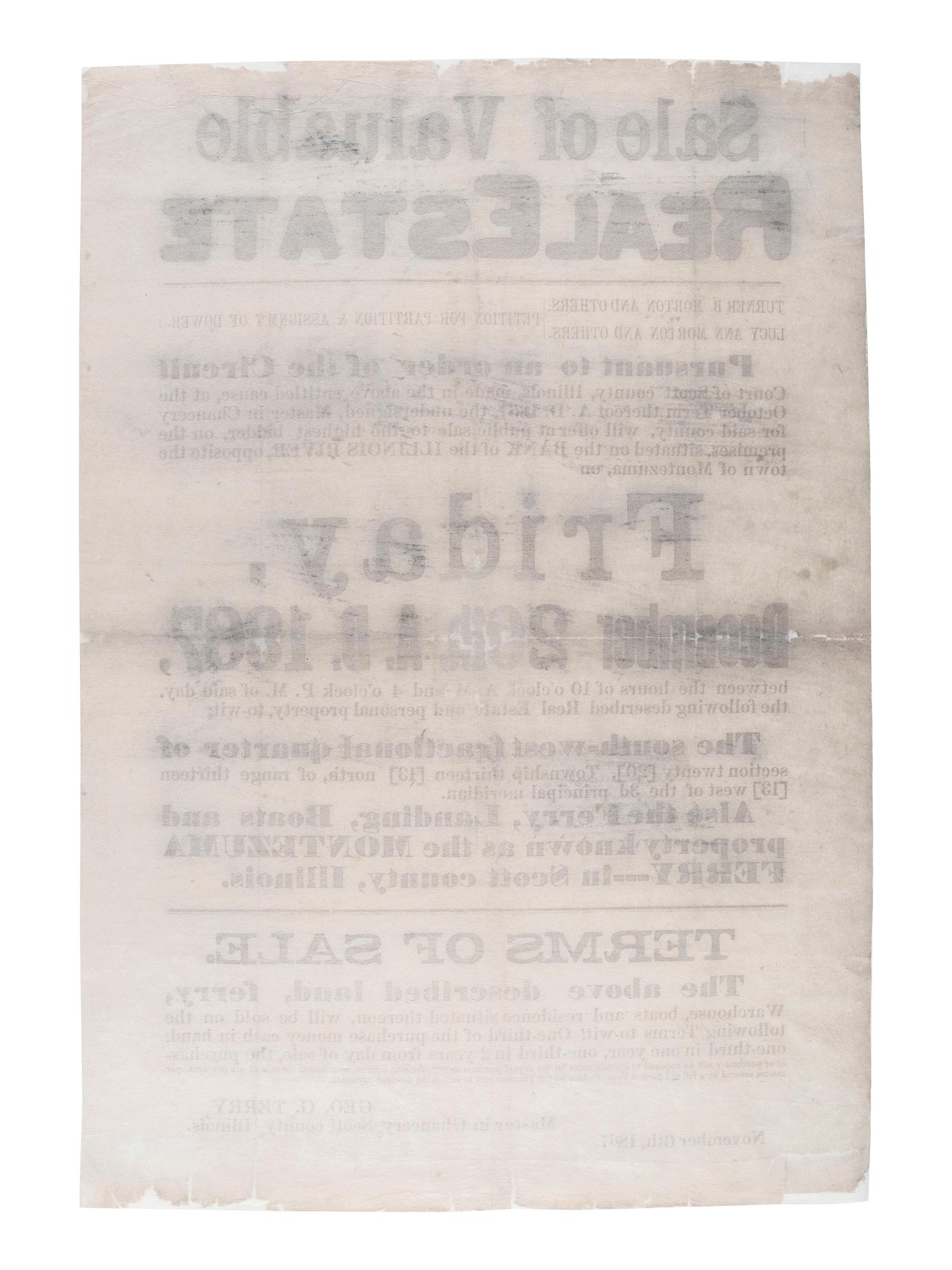 [ILLINOIS]. A group of 3 large nineteenth-century land and estate sale broadsides, comprising: