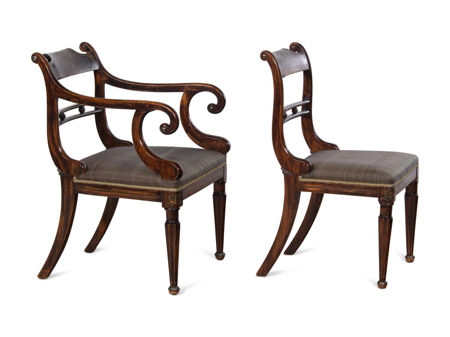 A Set of Eight Regency Brass-Inlaid Faux Grain Dining Chairs