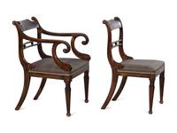 A Set of Eight Regency Brass-Inlaid Faux Grain Dining Chairs