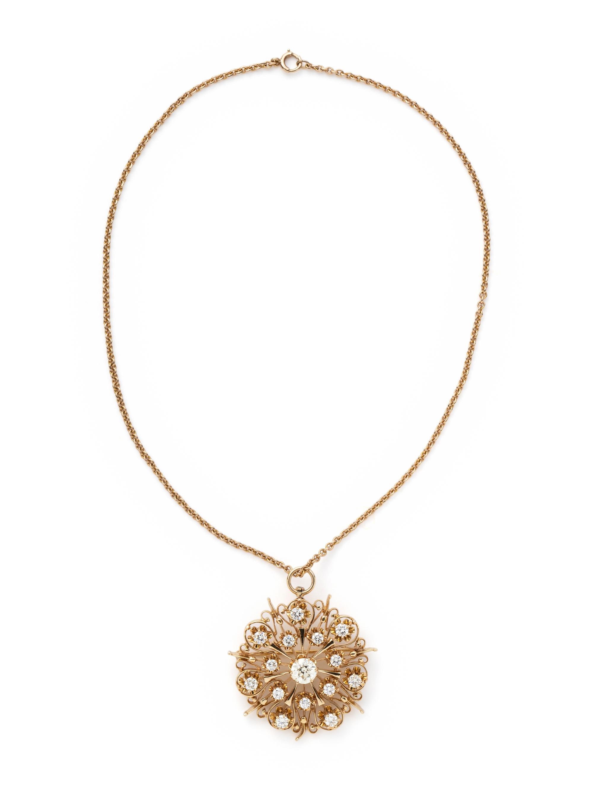 YELLOW GOLD AND DIAMOND PENDANT/BROOCH NECKLACE