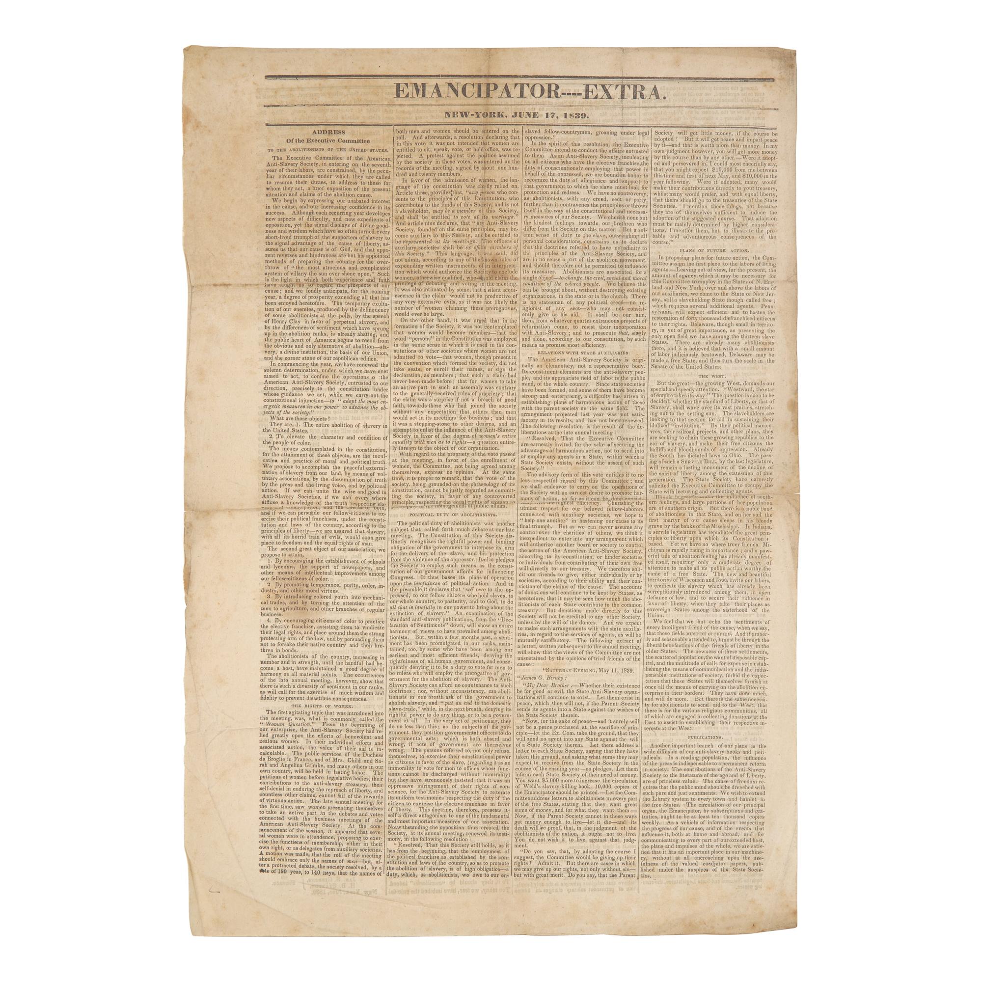 [African-Americana] [American Anti-Slavery Society] Rare Extra Issue of the Emancipator, the Official Newspaper of the American Anti-Slavery Society, Published in the Wake of the Group's 1839 Annual Meeting