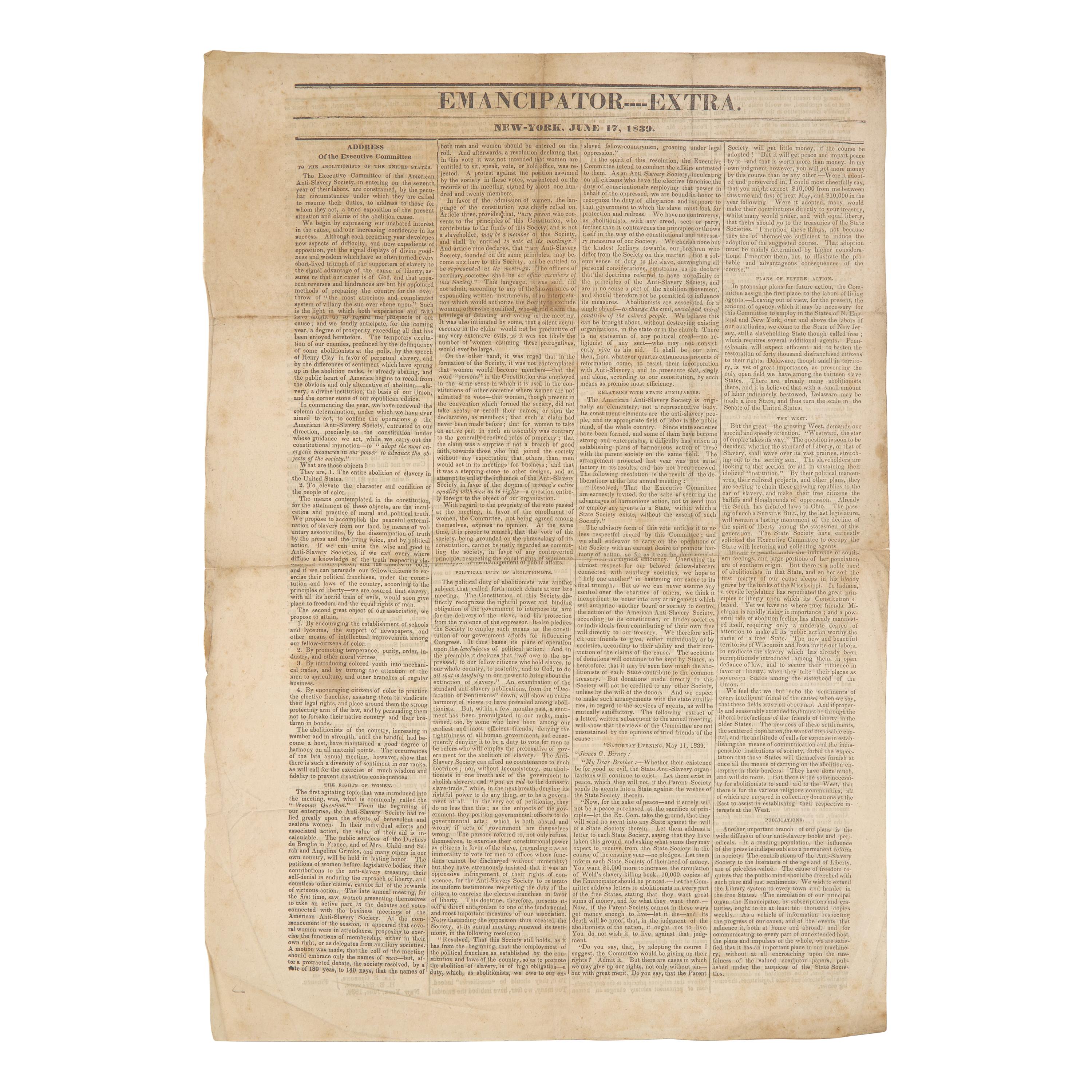 [African-Americana] [American Anti-Slavery Society] Rare Extra Issue of the Emancipator, the Official Newspaper of the American Anti-Slavery Society, Published in the Wake of the Group's 1839 Annual Meeting