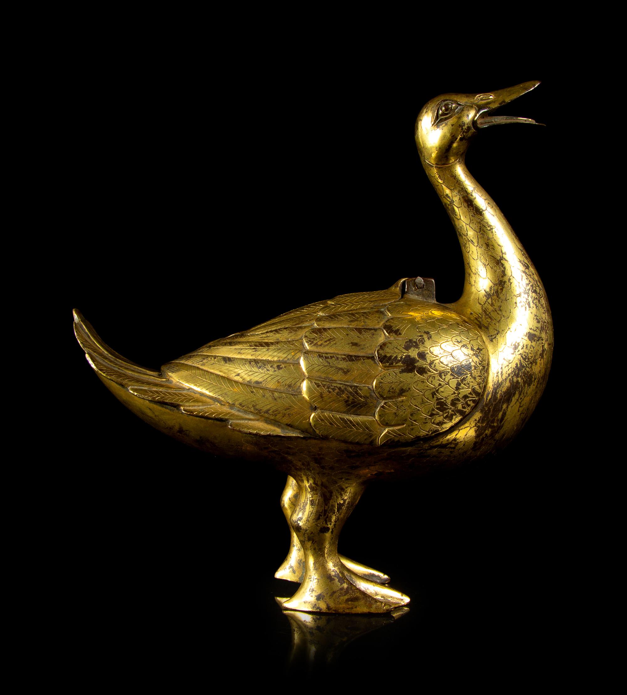 A Gilt Bronze Duck-Form Incense Burner