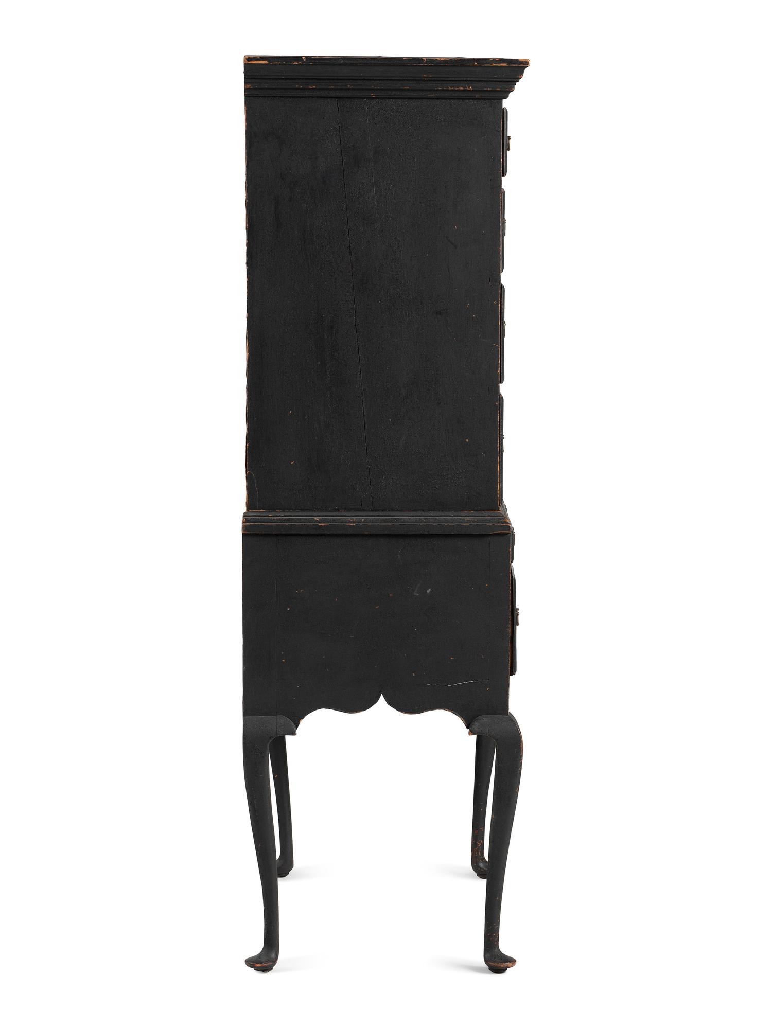 A Queen Anne Black Painted Maple Flat-Top High Chest