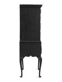 A Queen Anne Black Painted Maple Flat-Top High Chest