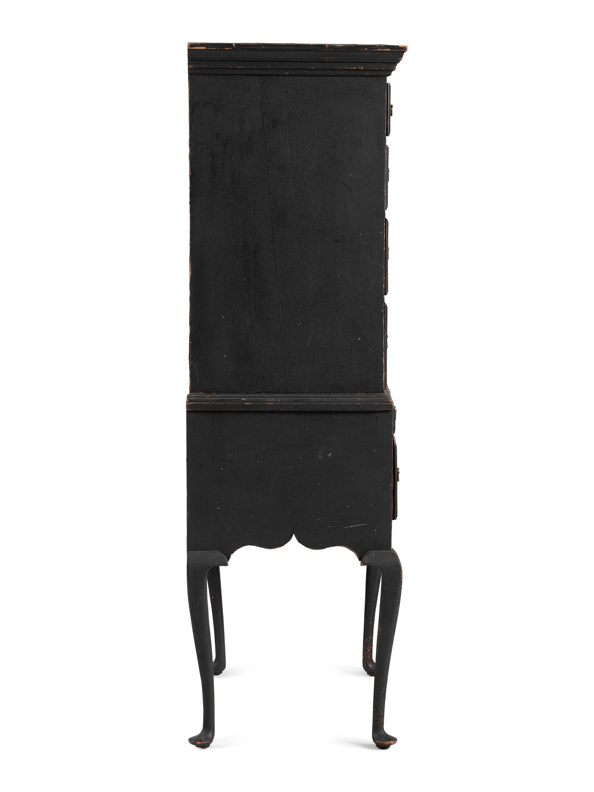 A Queen Anne Black Painted Maple Flat-Top High Chest