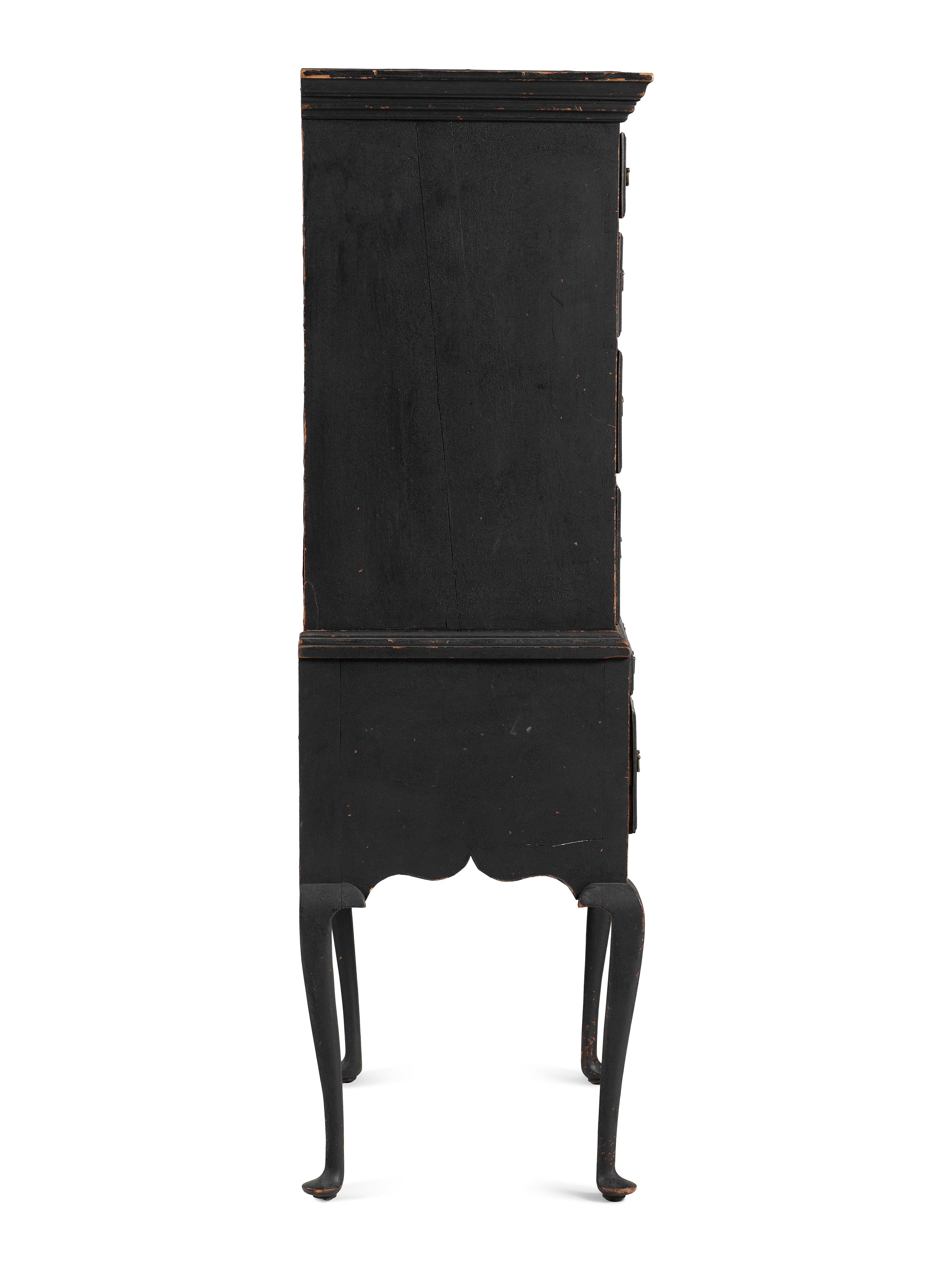 A Queen Anne Black Painted Maple Flat-Top High Chest