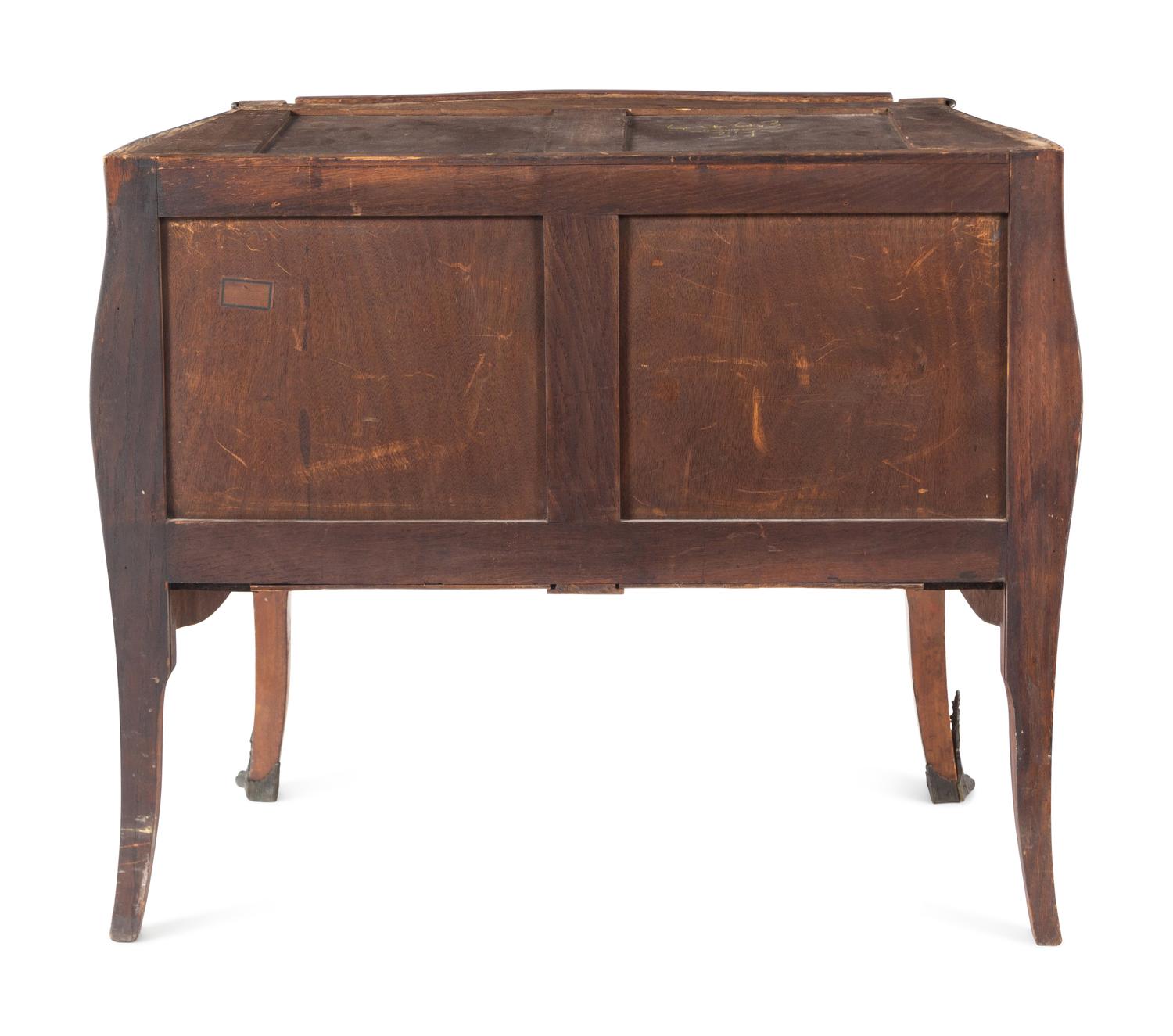 A Louis XV Style Gilt Bronze-Mounted Marquetry Marble-Top Commode
