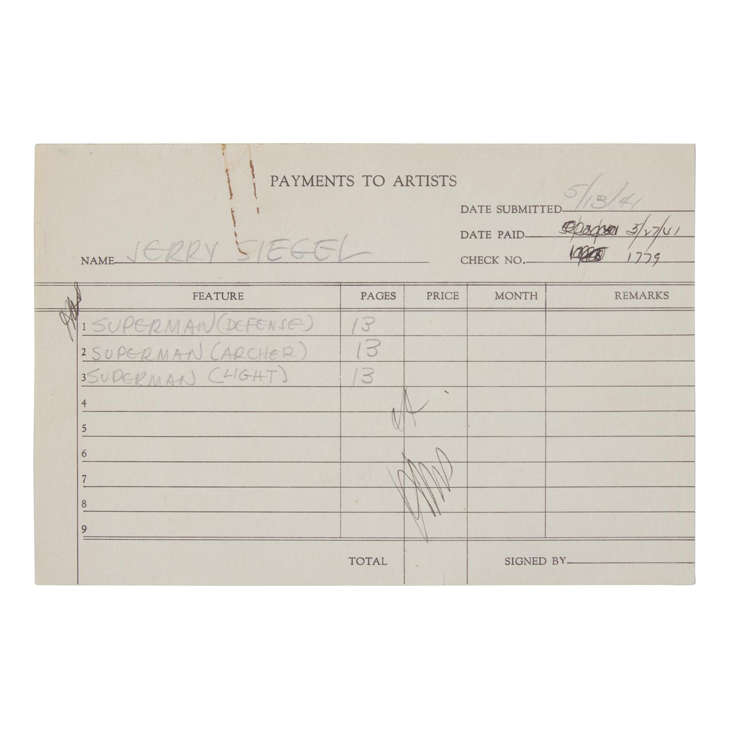 [Comics] A Payment Receipt for American Comic Book Writer Jerry Siegel for the Creation of Three Issues of Superman