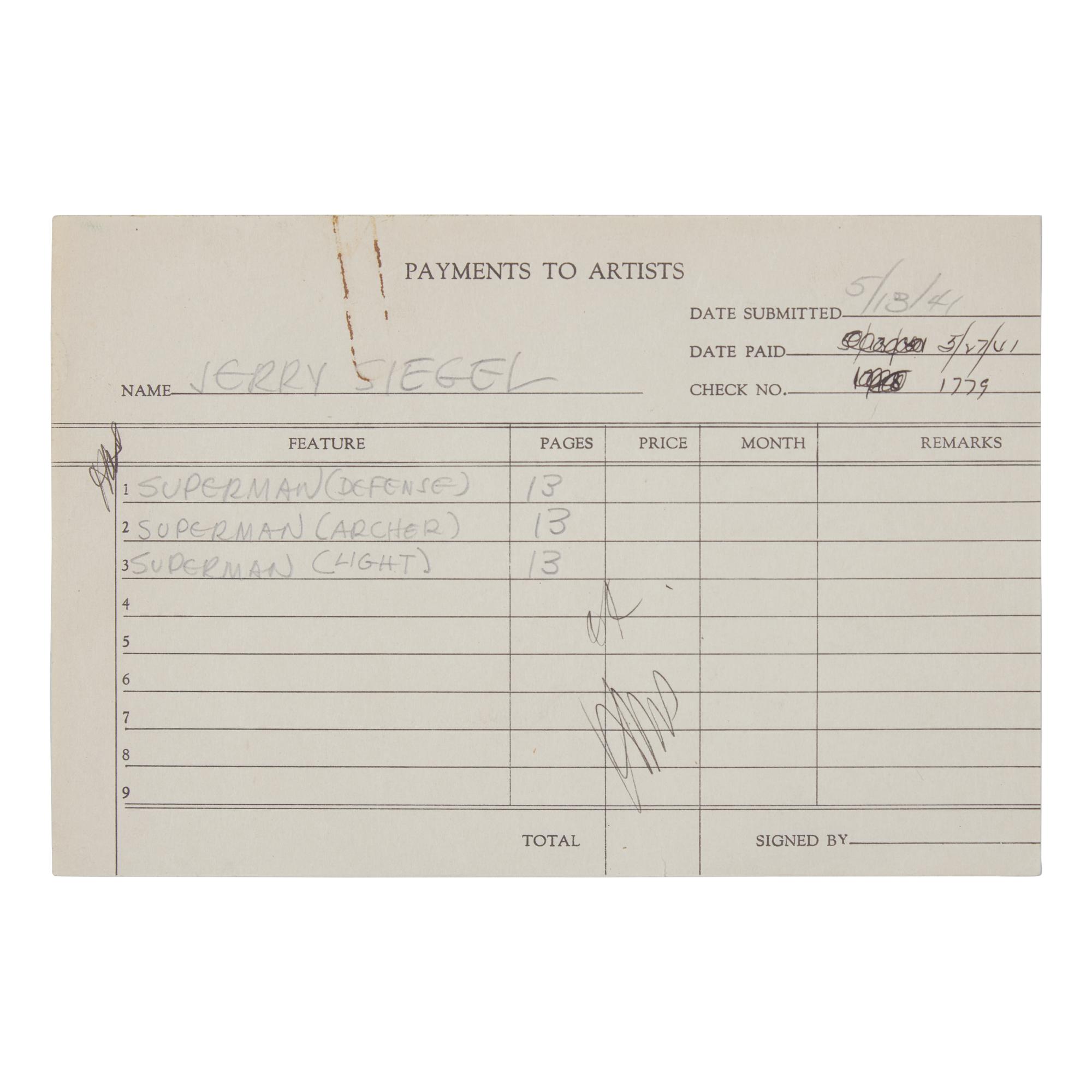 [Comics] A Payment Receipt for American Comic Book Writer Jerry Siegel for the Creation of Three Issues of Superman