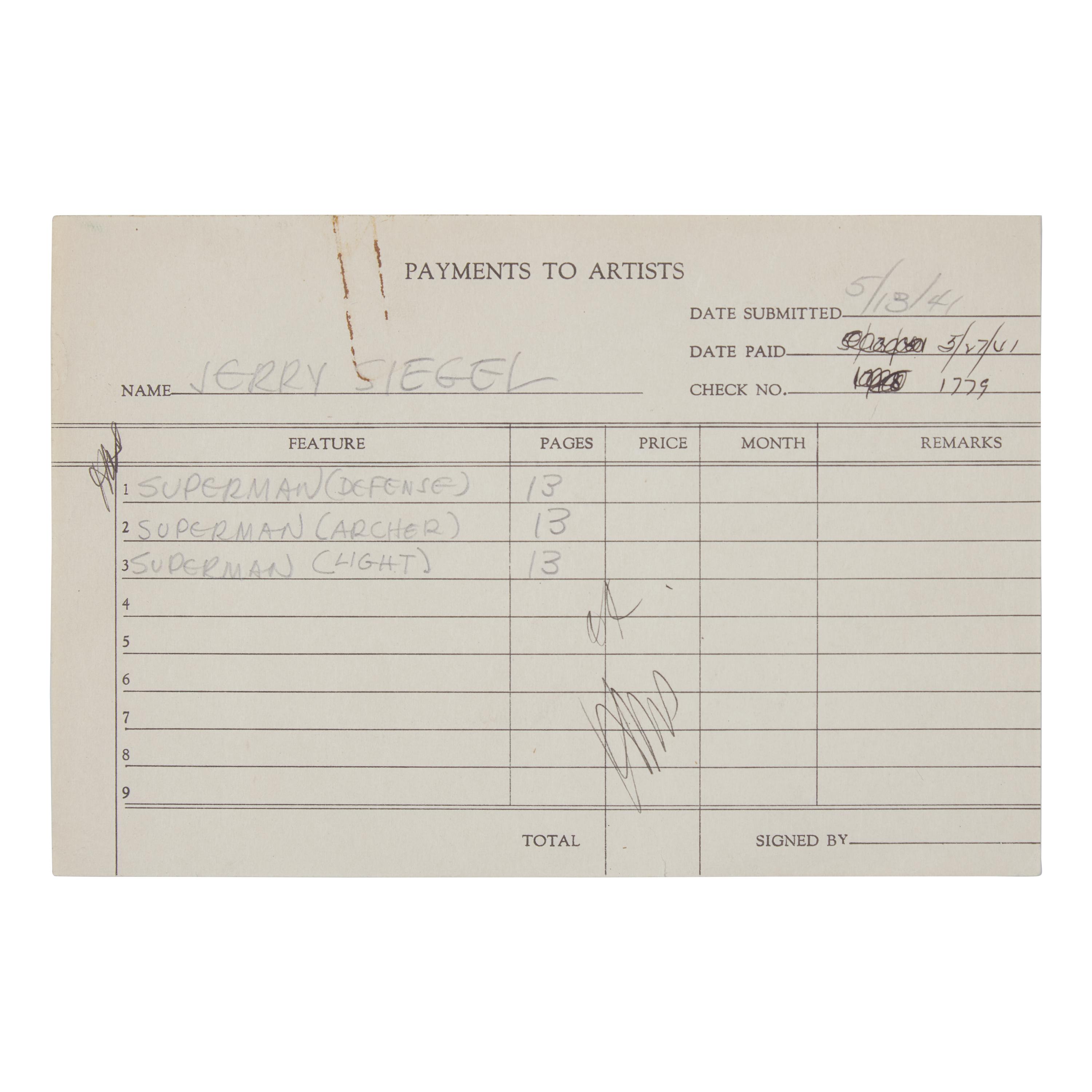 [Comics] A Payment Receipt for American Comic Book Writer Jerry Siegel for the Creation of Three Issues of Superman
