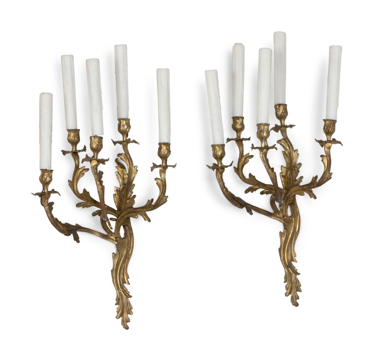 A Pair of Louis XV Style Gilt Bronze Five-Light Sconces