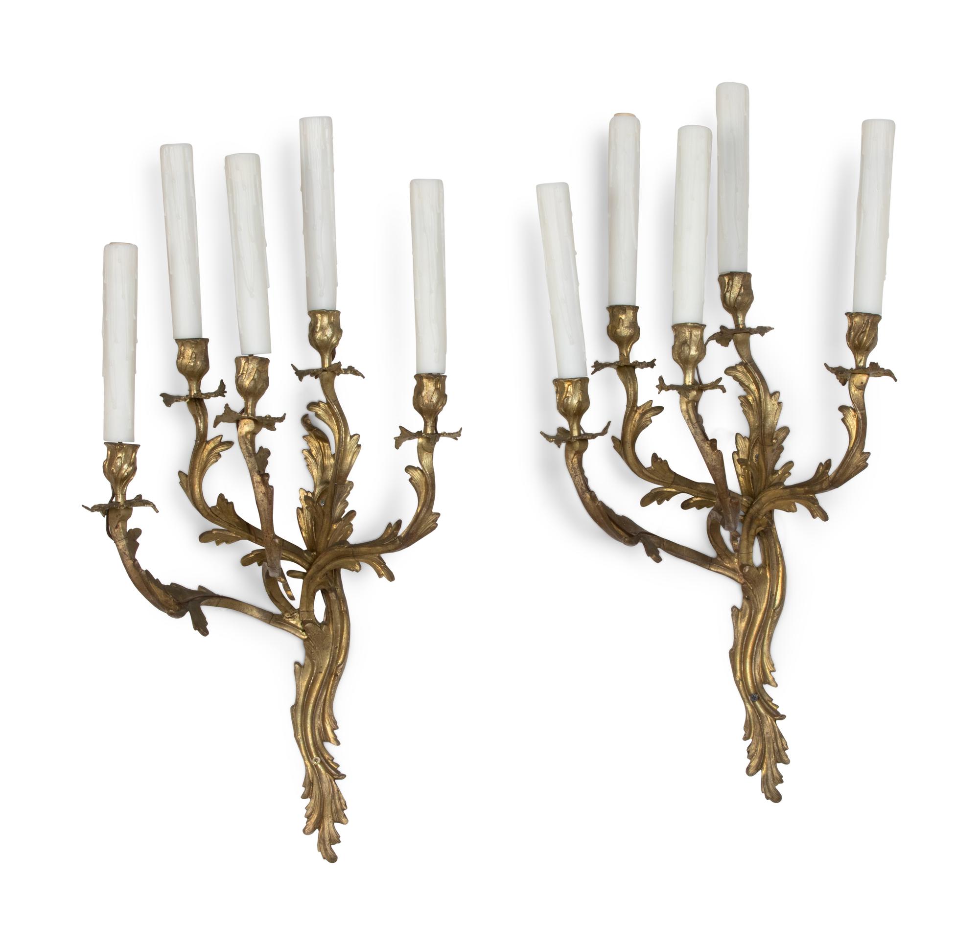 A Pair of Louis XV Style Gilt Bronze Five-Light Sconces