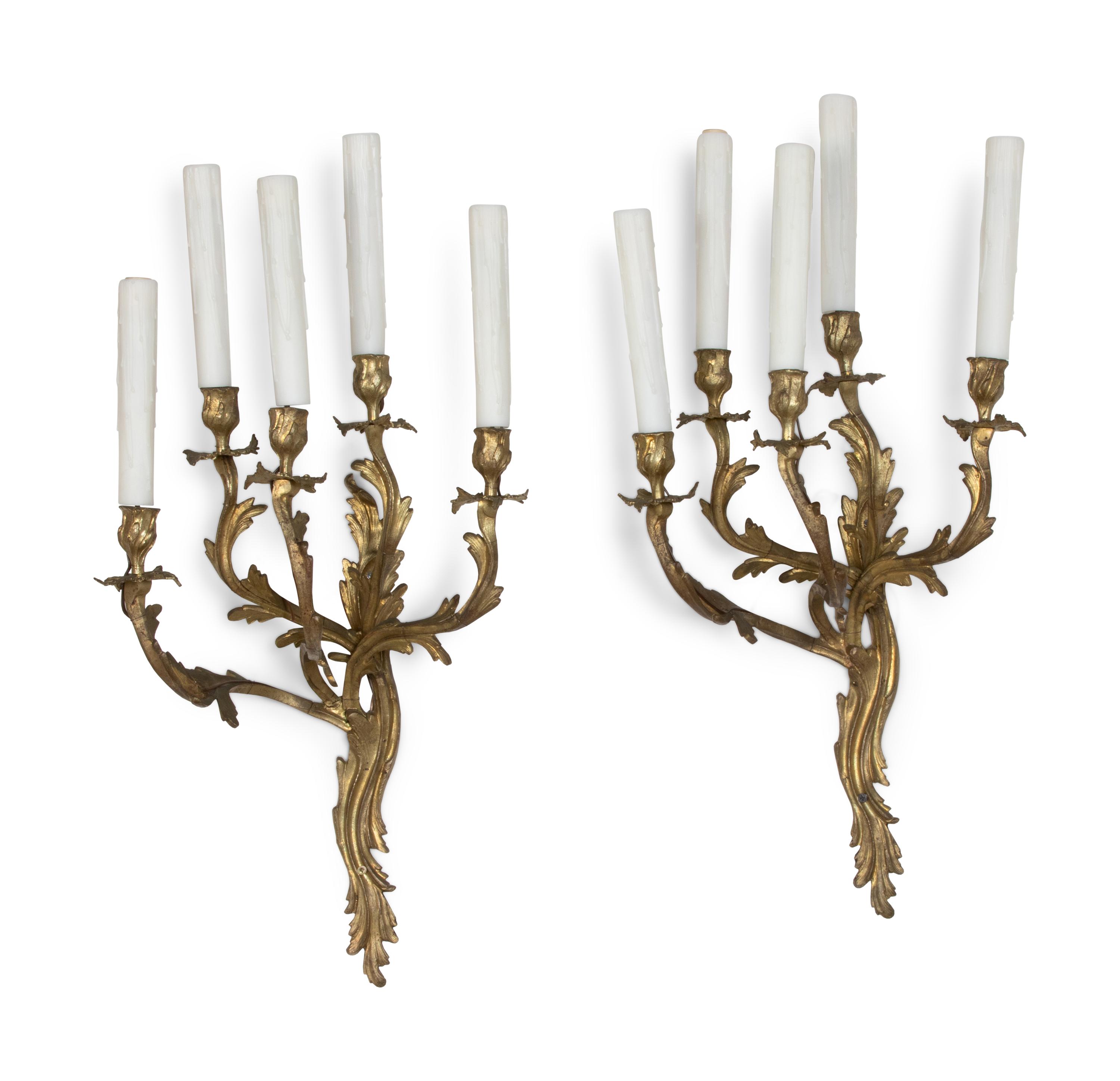 A Pair of Louis XV Style Gilt Bronze Five-Light Sconces