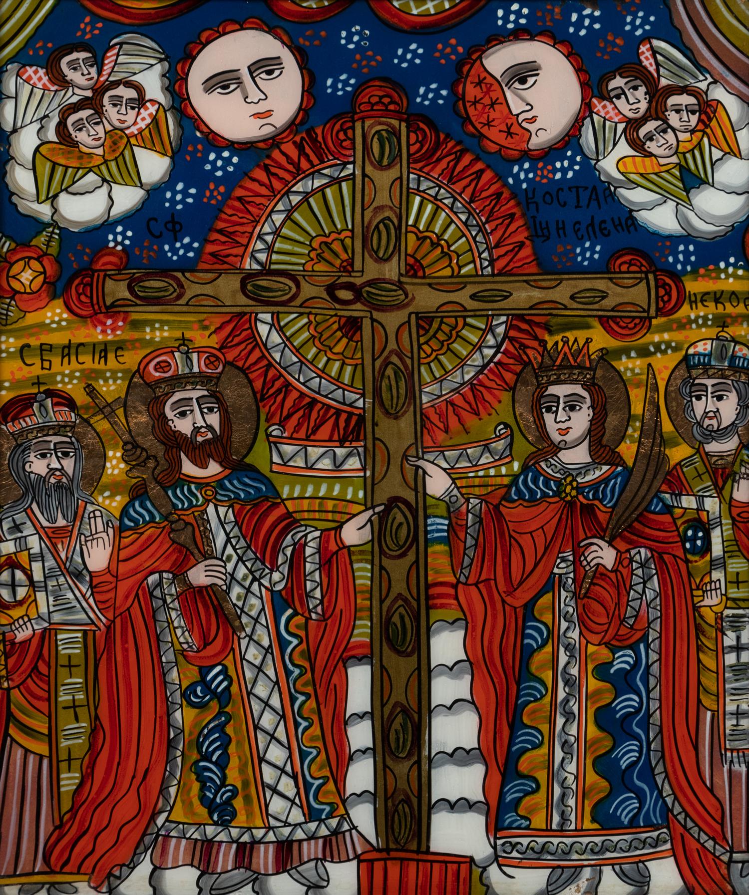 A Romanian Reverse-Painted Glass Ecclesiastical Panel