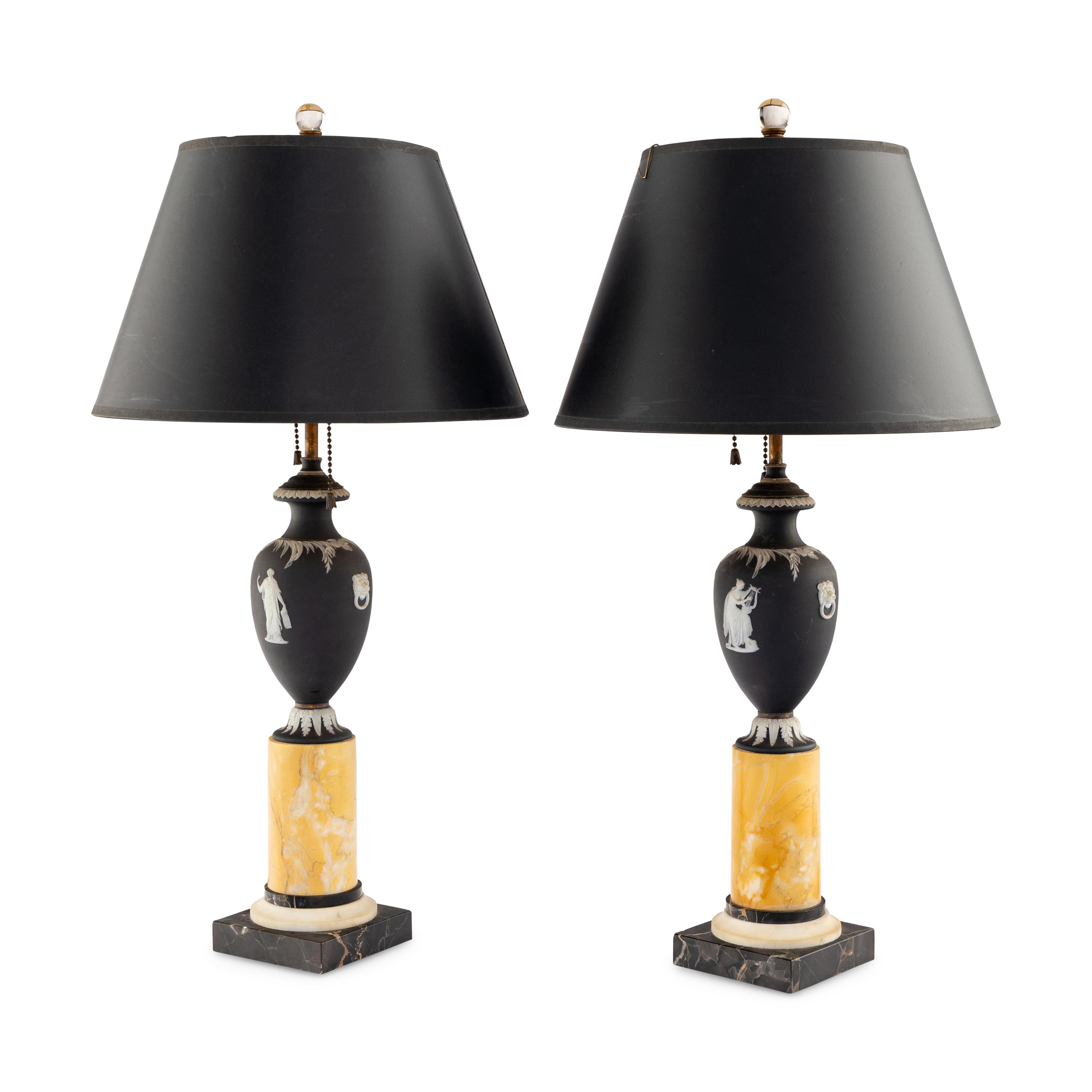 A Pair of Wedgwood Black Jasperware and Marble Table Lamps