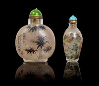 Two Inside Painted Glass Snuff Bottles Height of taller 3 3/8 inches.