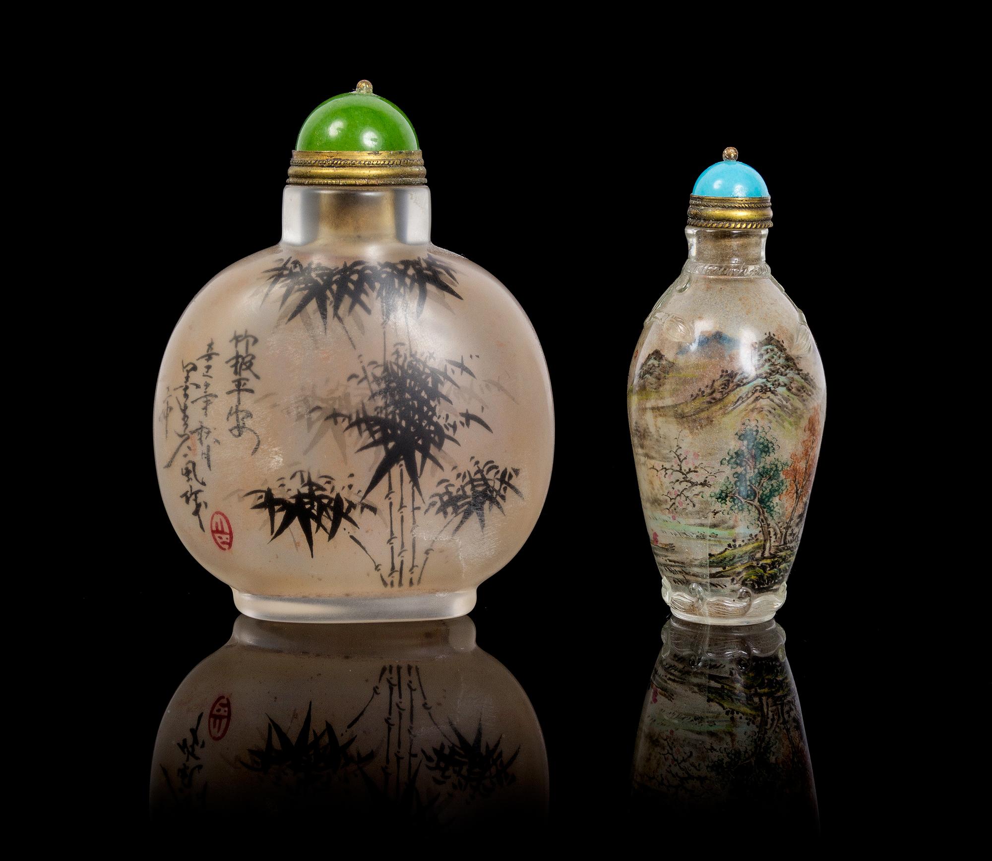 Two Inside Painted Glass Snuff Bottles Height of taller 3 3/8 inches.