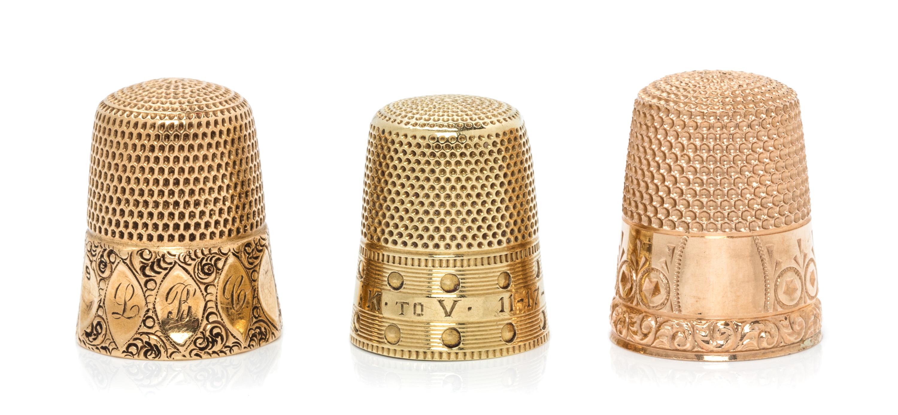 Three American Yellow Gold Thimbles, Various Makers, comprising a 14-karat gold example with engine turned decoration, Carter, Gough &