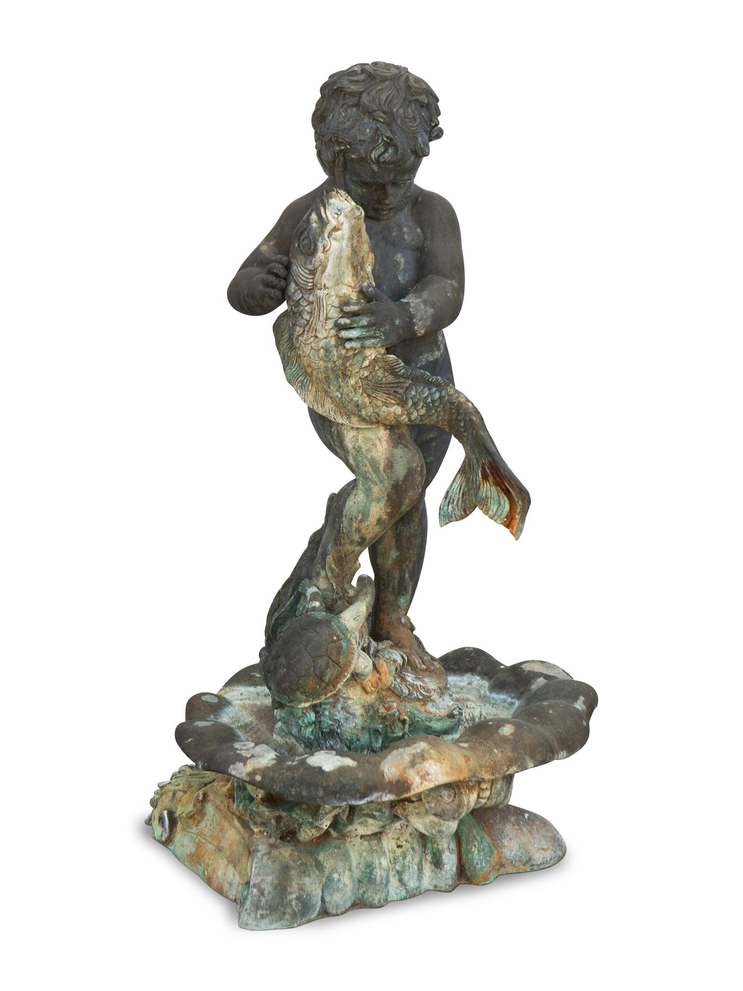 A Bronze Fountain of a Young Boy with Fish — EARLY 20TH CENTURY