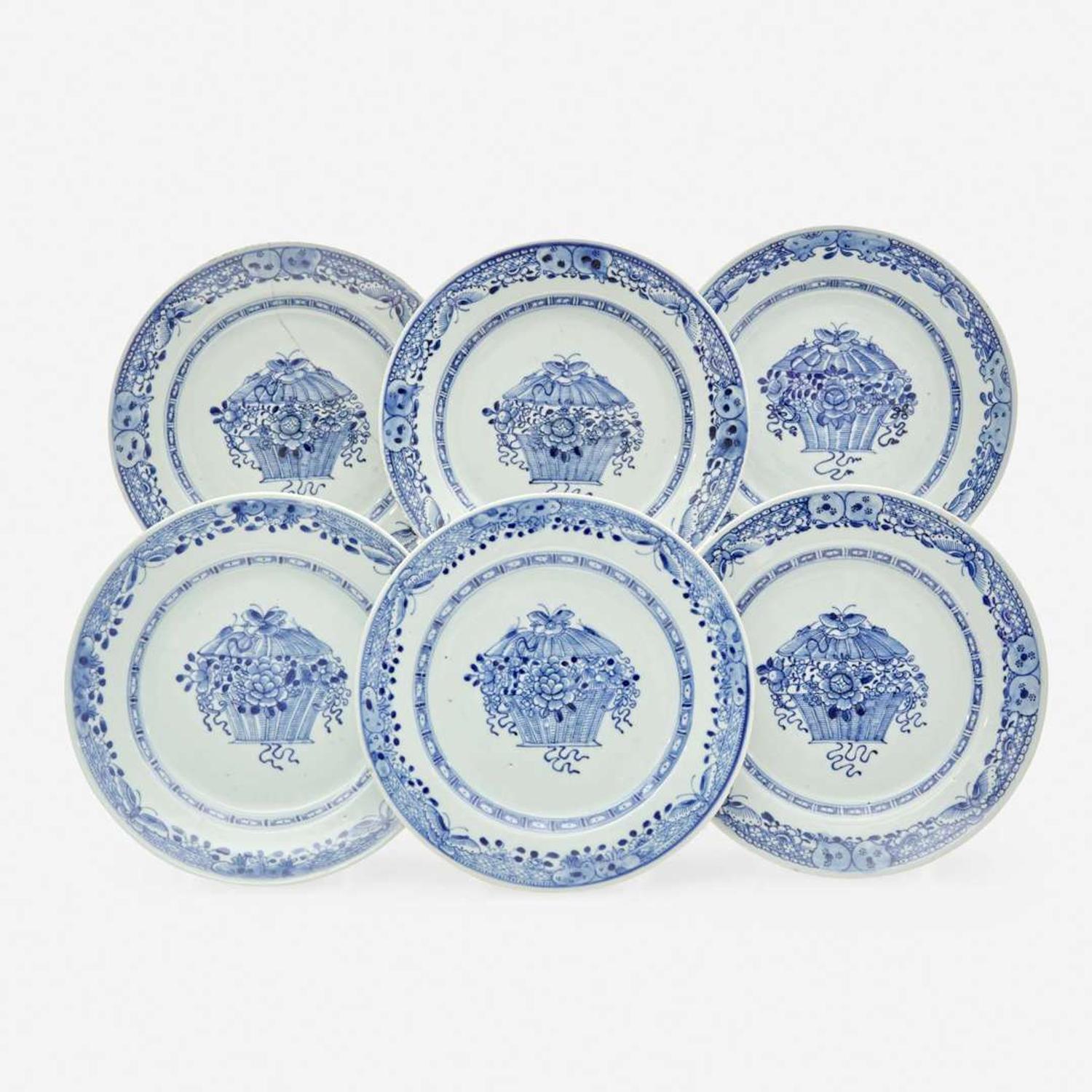 A set of six Chinese Export porcelain blue and white plates with "floral basket" motif late 18th century