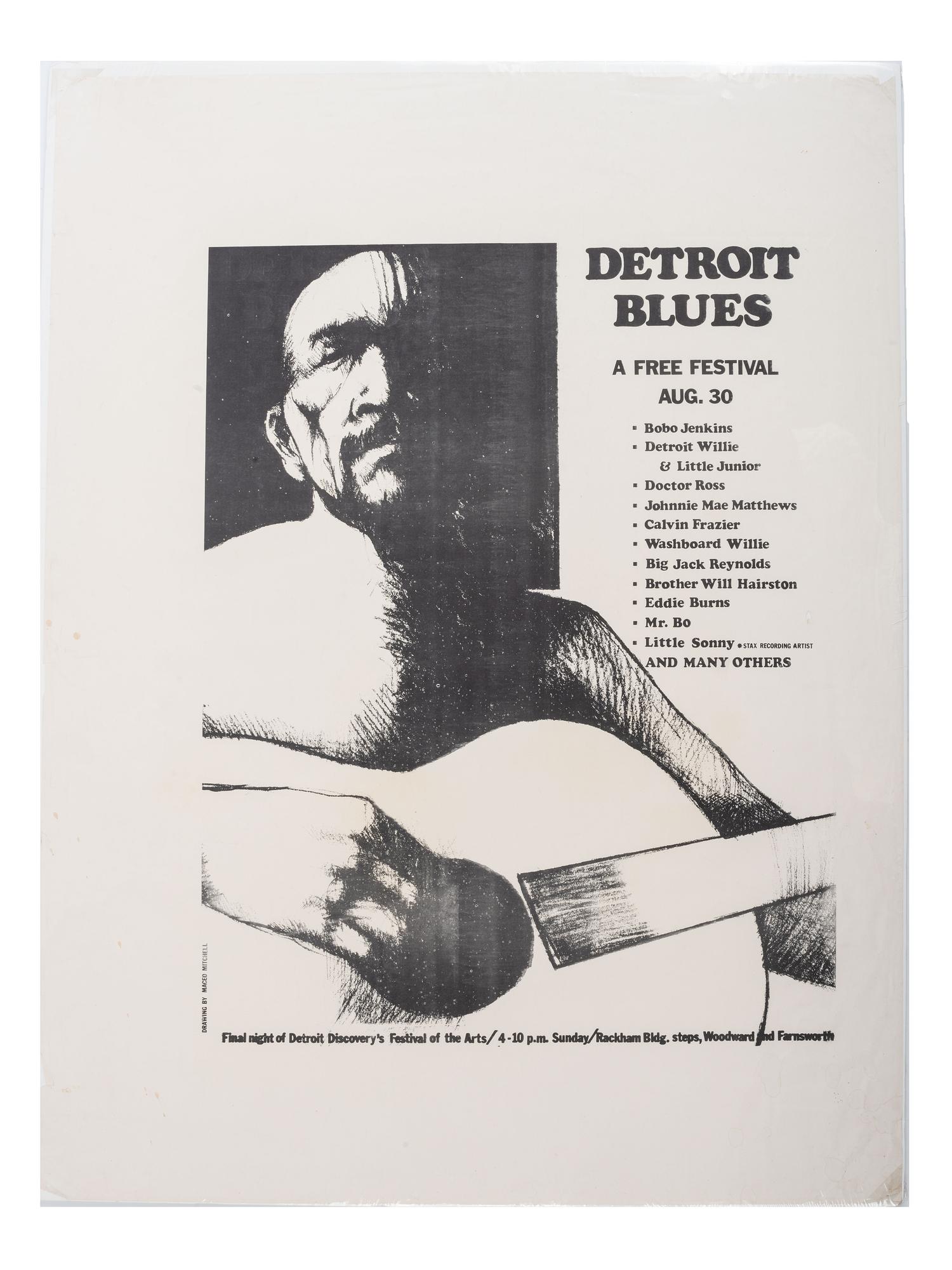 [MUSIC]. A group of 4 posters promoting blues acts and festivals, incl. Luther Allison, Dr. Ross, and various performers at the Detroit and Wisconsin Delta Blues Festivals.