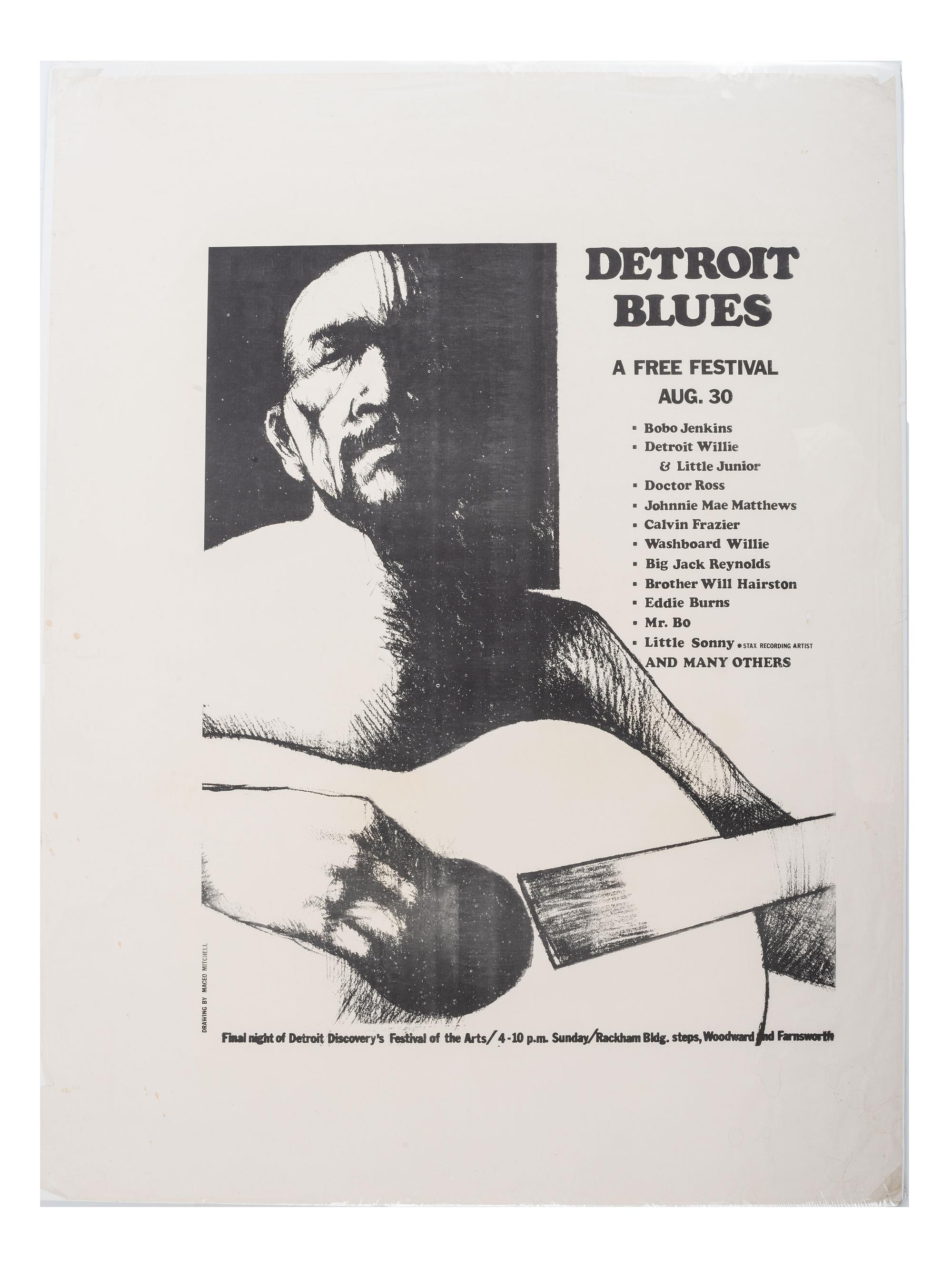 [MUSIC]. A group of 4 posters promoting blues acts and festivals, incl. Luther Allison, Dr. Ross, and various performers at the Detroit and Wisconsin Delta Blues Festivals.