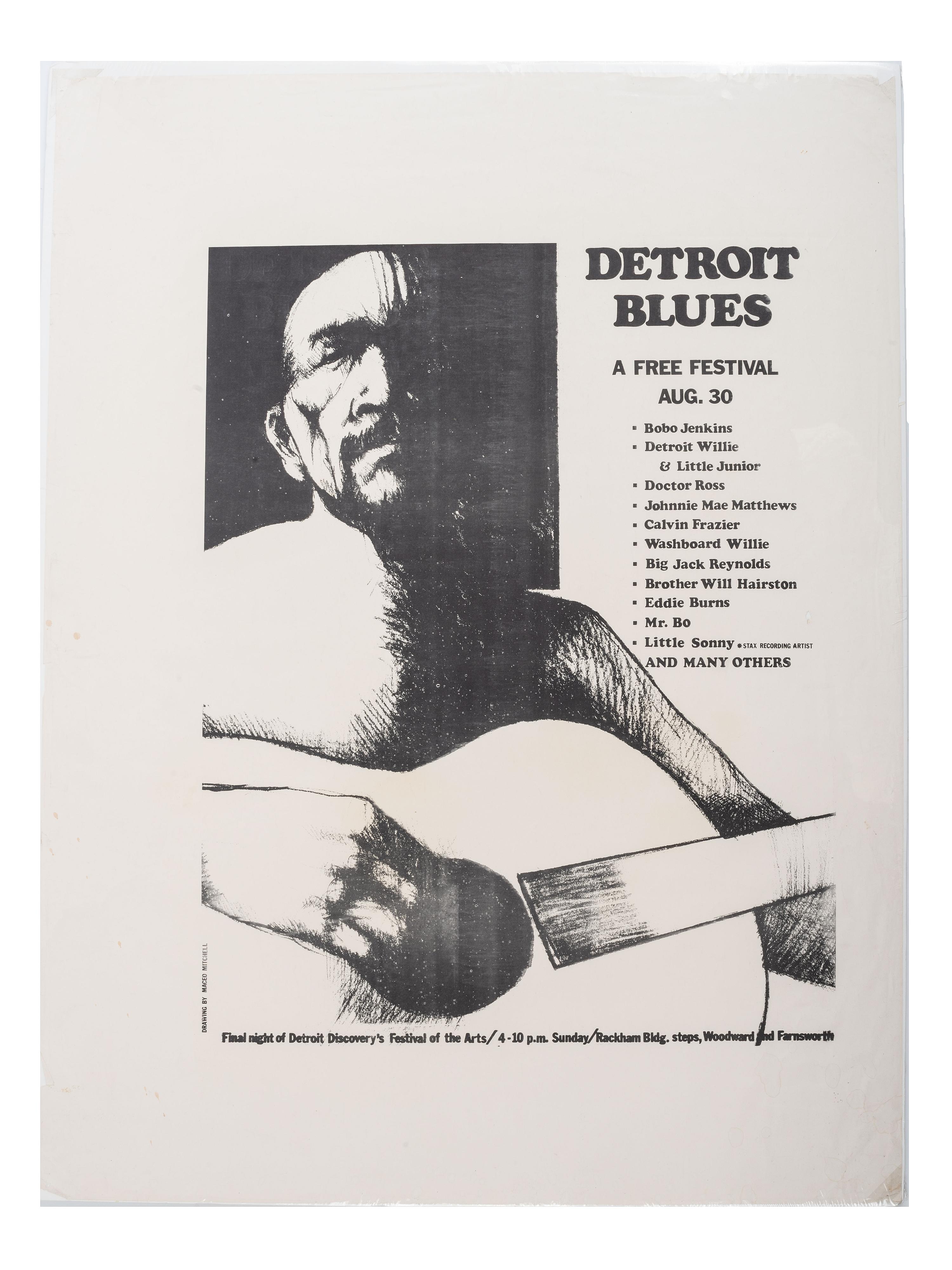 [MUSIC]. A group of 4 posters promoting blues acts and festivals, incl. Luther Allison, Dr. Ross, and various performers at the Detroit and Wisconsin Delta Blues Festivals.