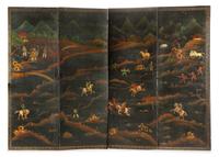 A Chinoiserie Painted Canvas Floor Screen Height 96 x width of each panel 34 inches.