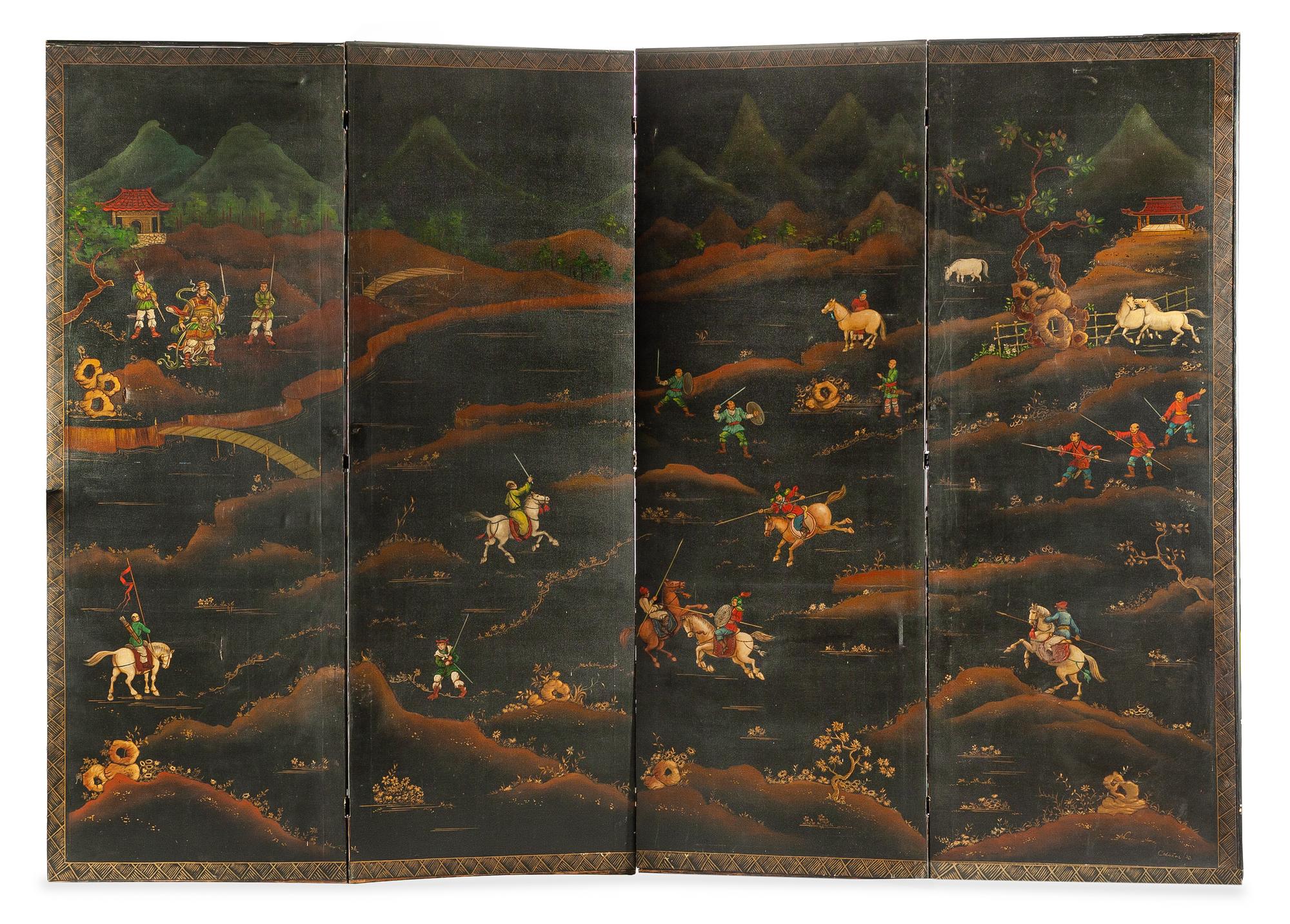 A Chinoiserie Painted Canvas Floor Screen Height 96 x width of each panel 34 inches.
