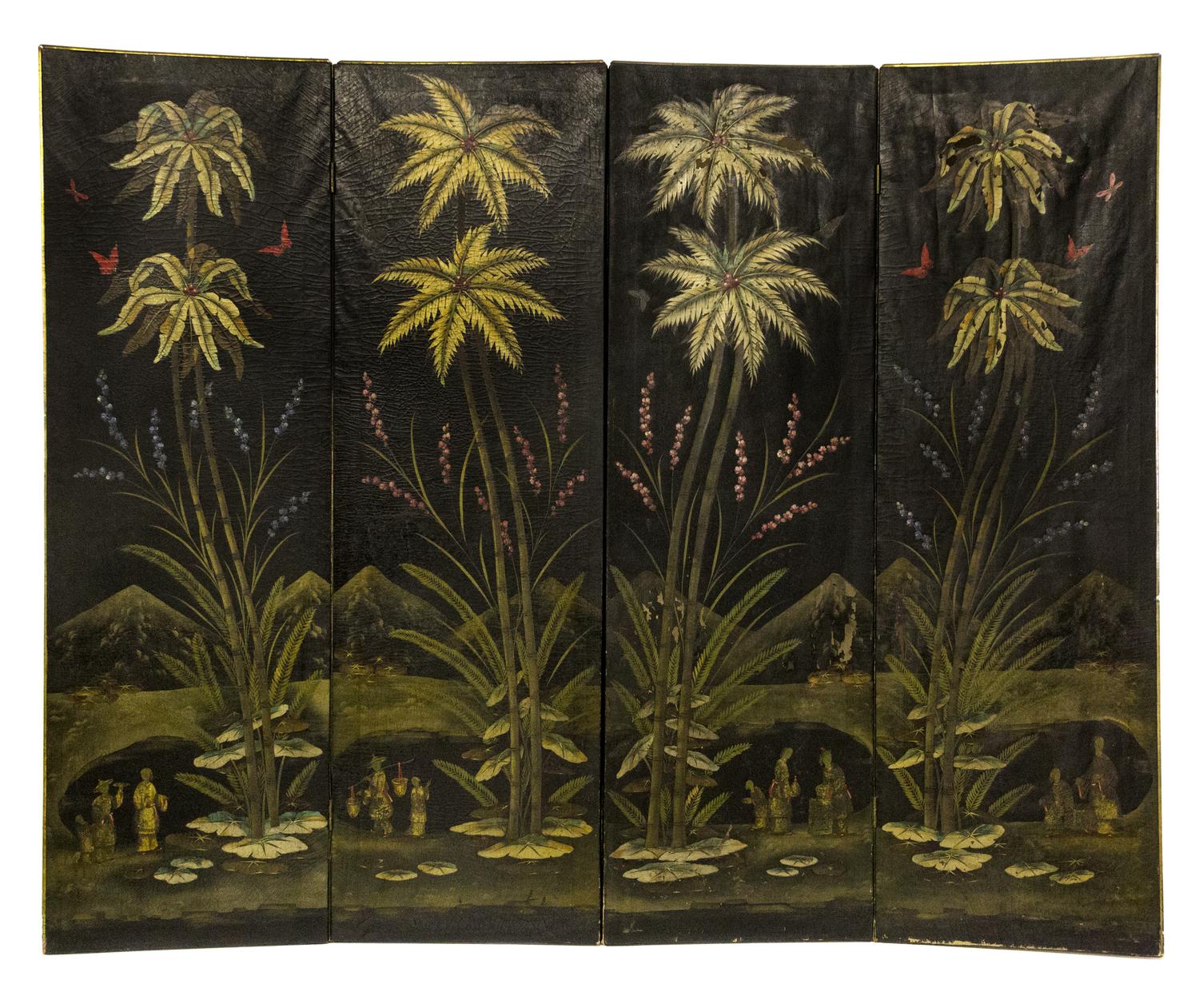 A Painted Leather Four-Panel Screen Height 75 x width 23 inches (each panel). — 20TH CENTURY