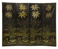 A Painted Leather Four-Panel Screen Height 75 x width 23 inches (each panel). — 20TH CENTURY