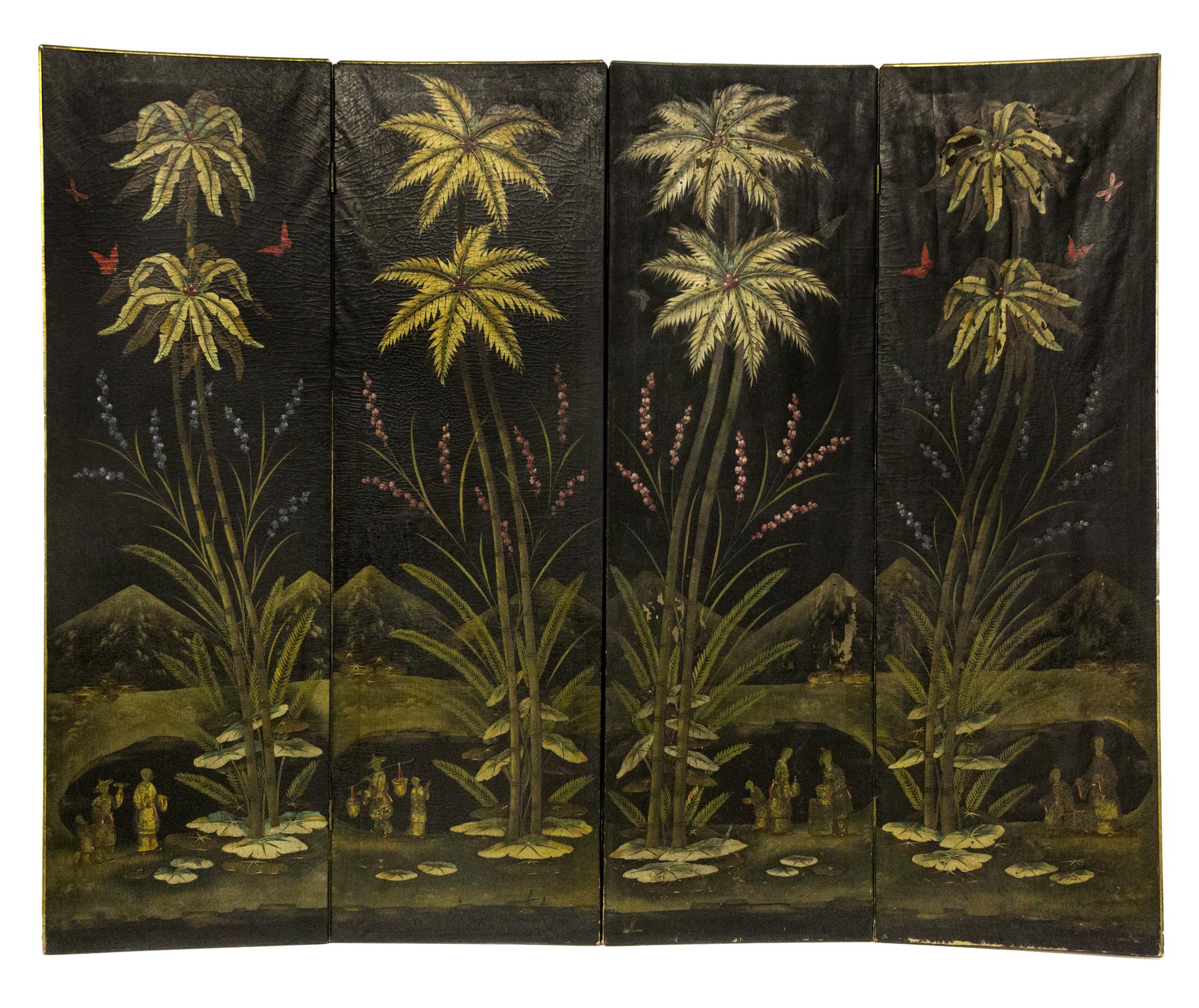 A Painted Leather Four-Panel Screen Height 75 x width 23 inches (each panel). — 20TH CENTURY