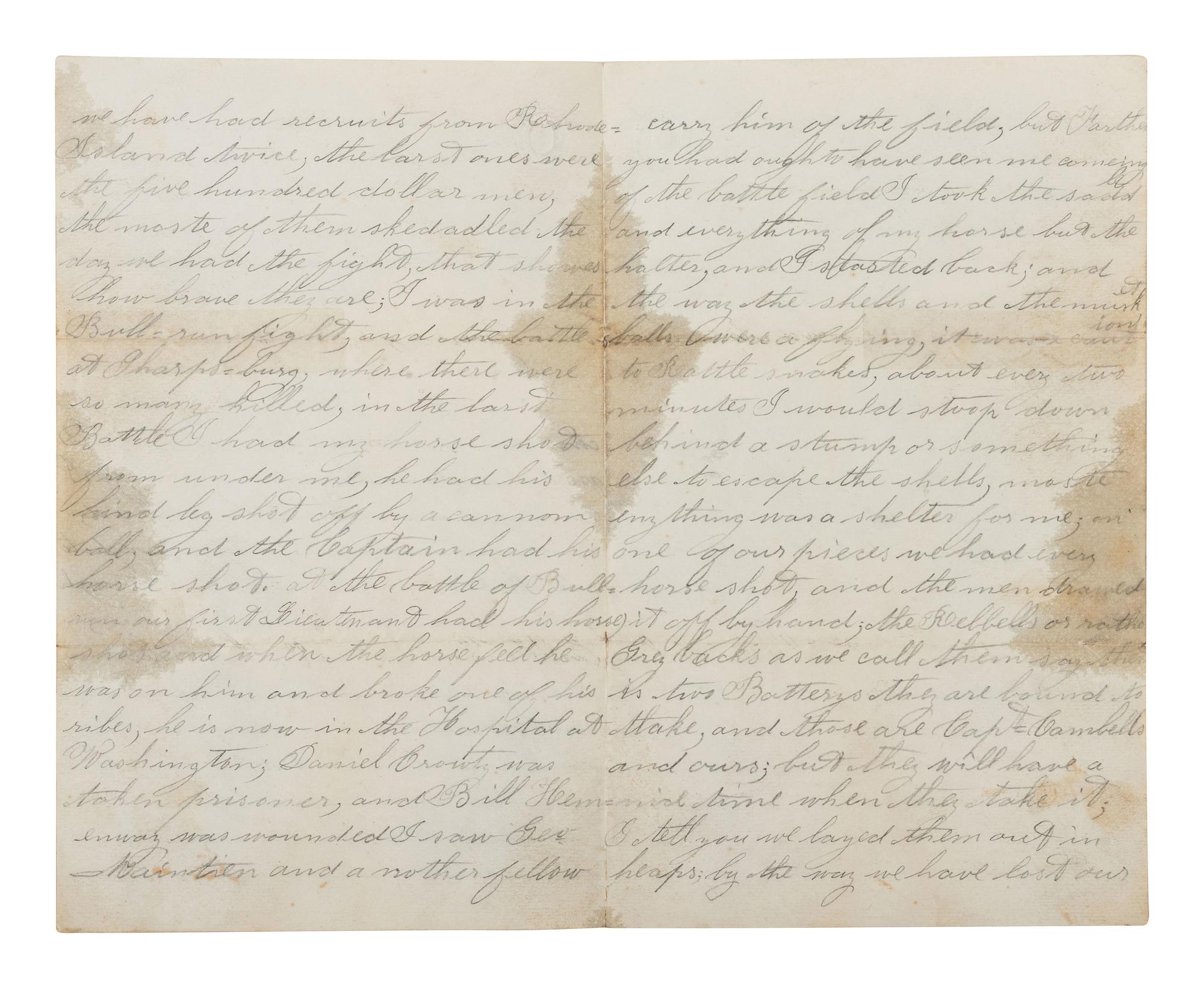 [CIVIL WAR]. Letter with graphic content regarding Battle of Antietam written by Bugler Charles E. May, 1st Rhode Island Light Artillery. 25 September 1862.