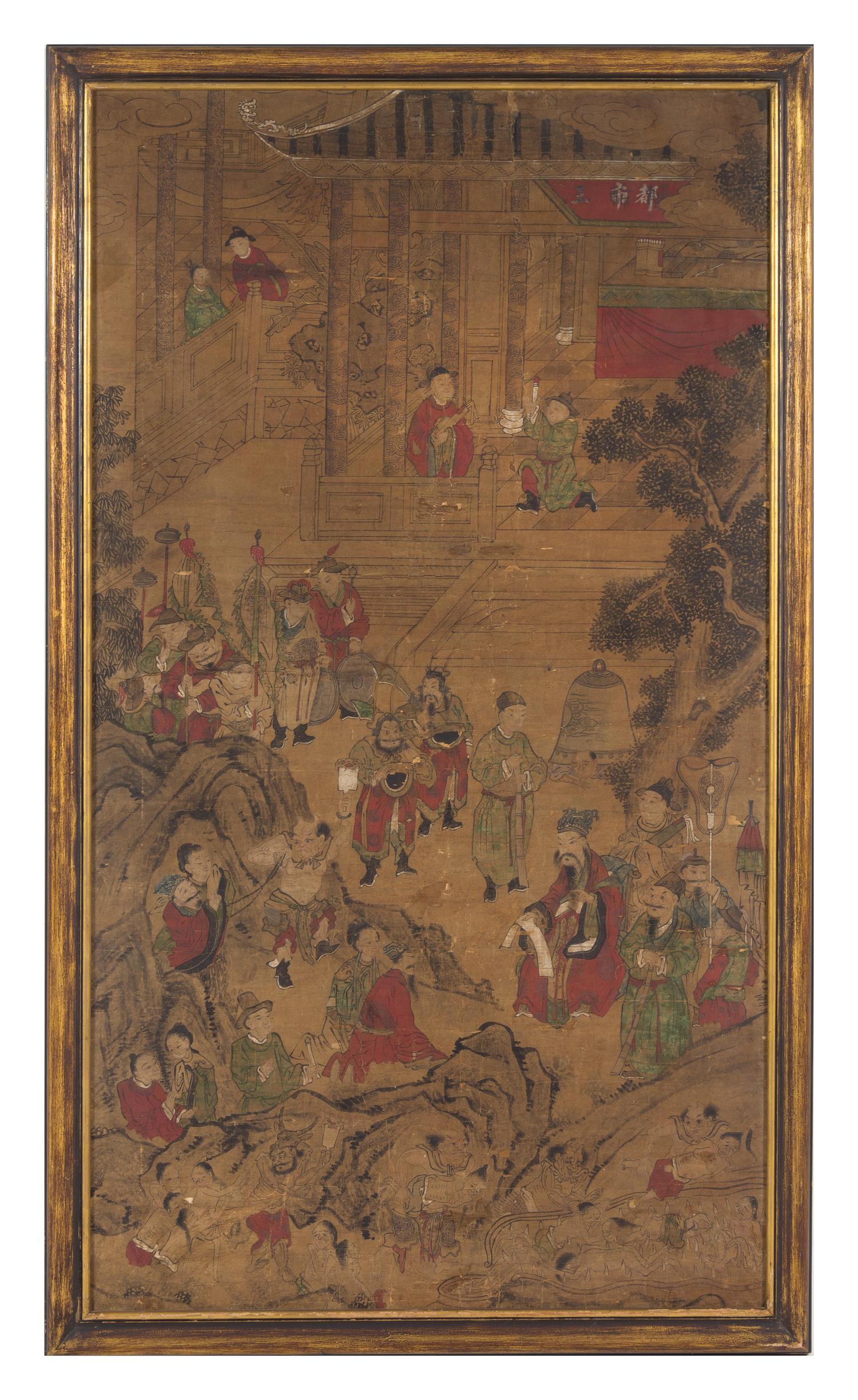 Three Ink and Color Paintings on Paper Each 60 1/2 x 33 1/2 inches (image). — 19TH CENTURY