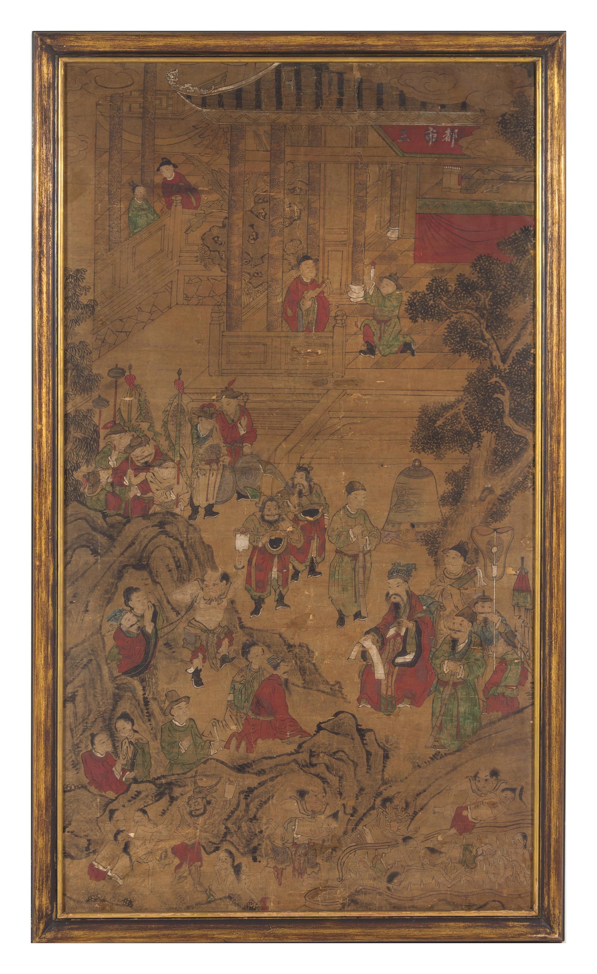 Three Ink and Color Paintings on Paper Each 60 1/2 x 33 1/2 inches (image). — 19TH CENTURY