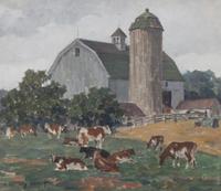 James Jeffrey Grant, (American, 1883-1960), Barn with Cows in a Field, Illinois