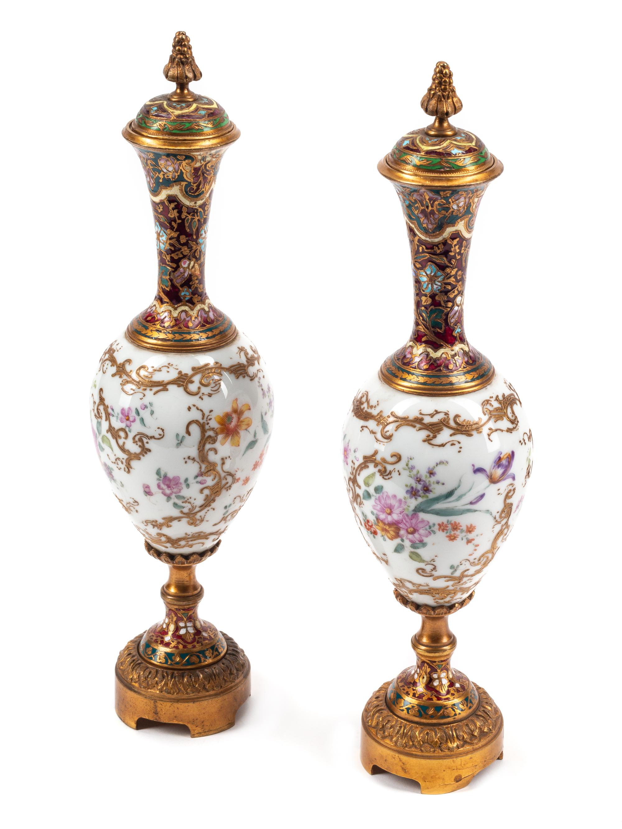 A Pair of French Porcelain, Gilt Bronze and Champlevé Urns
