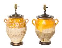 A Pair of Rustic Glazed Pottery Jars Height 19 3/8 inches.