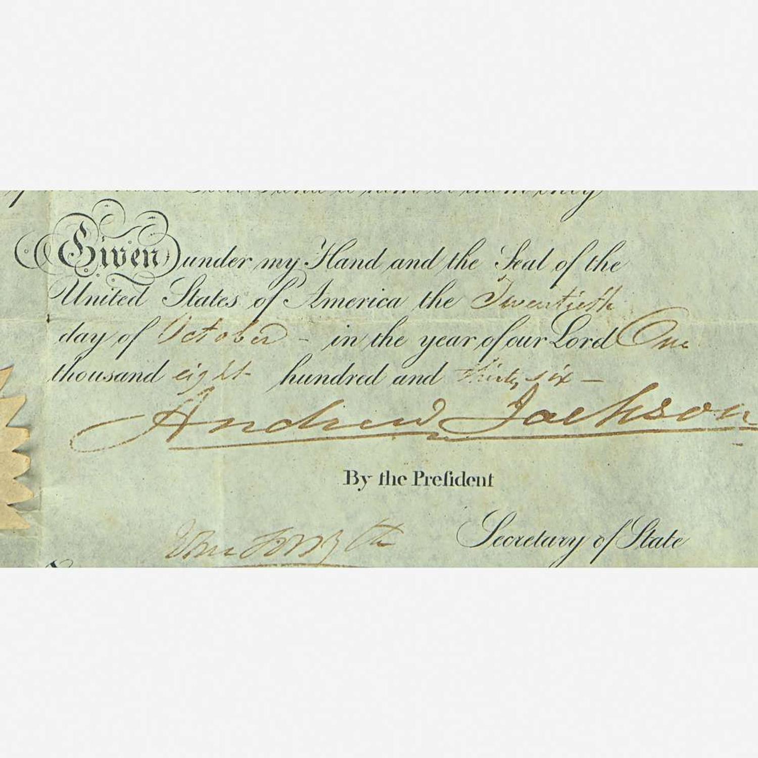Chinese School 19th century Portrait of the Ship "Southerner", circa 1835, together with Andrew Jackson Signed Ship's Passport
